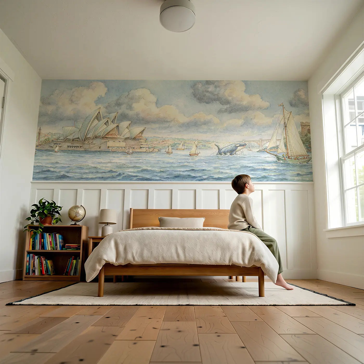 Child reading near Sydney Opera House Harbor Wainscoting Wallpaper by Whimsy Tots