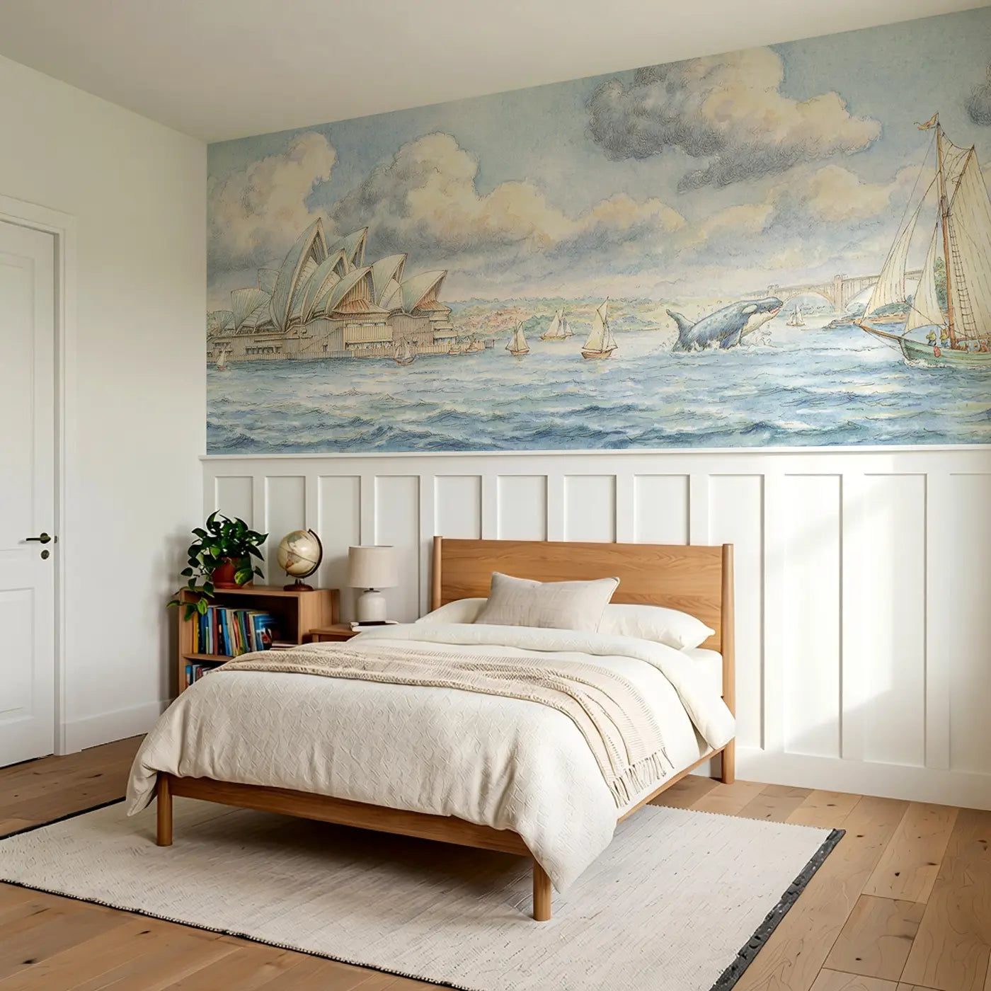 Sydney Opera House Harbor Wainscoting Wallpaper styled in a kids bedroom by Whimsy Tots