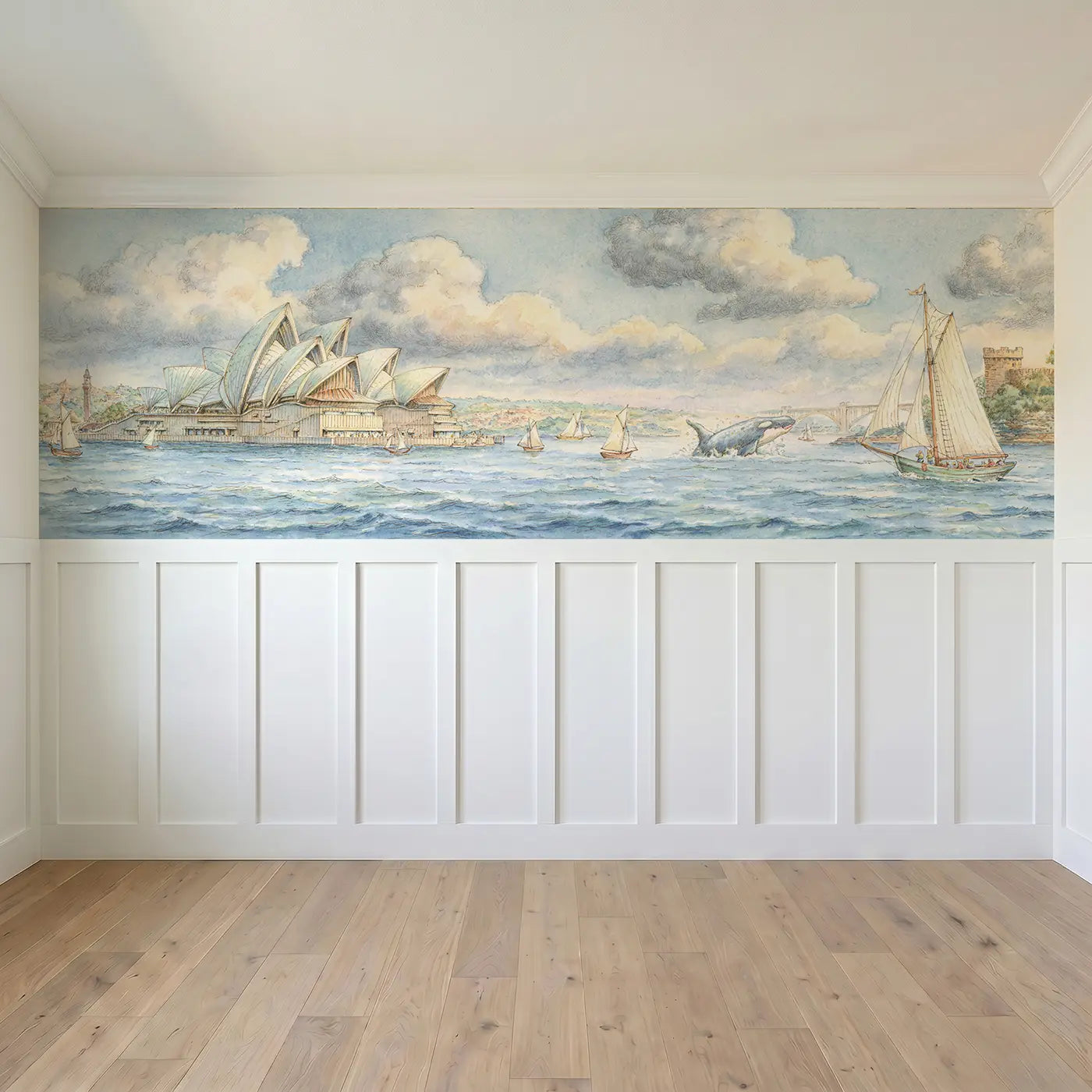 Full panel view of Sydney Opera House Harbor Wainscoting Wallpaper by Whimsy Tots