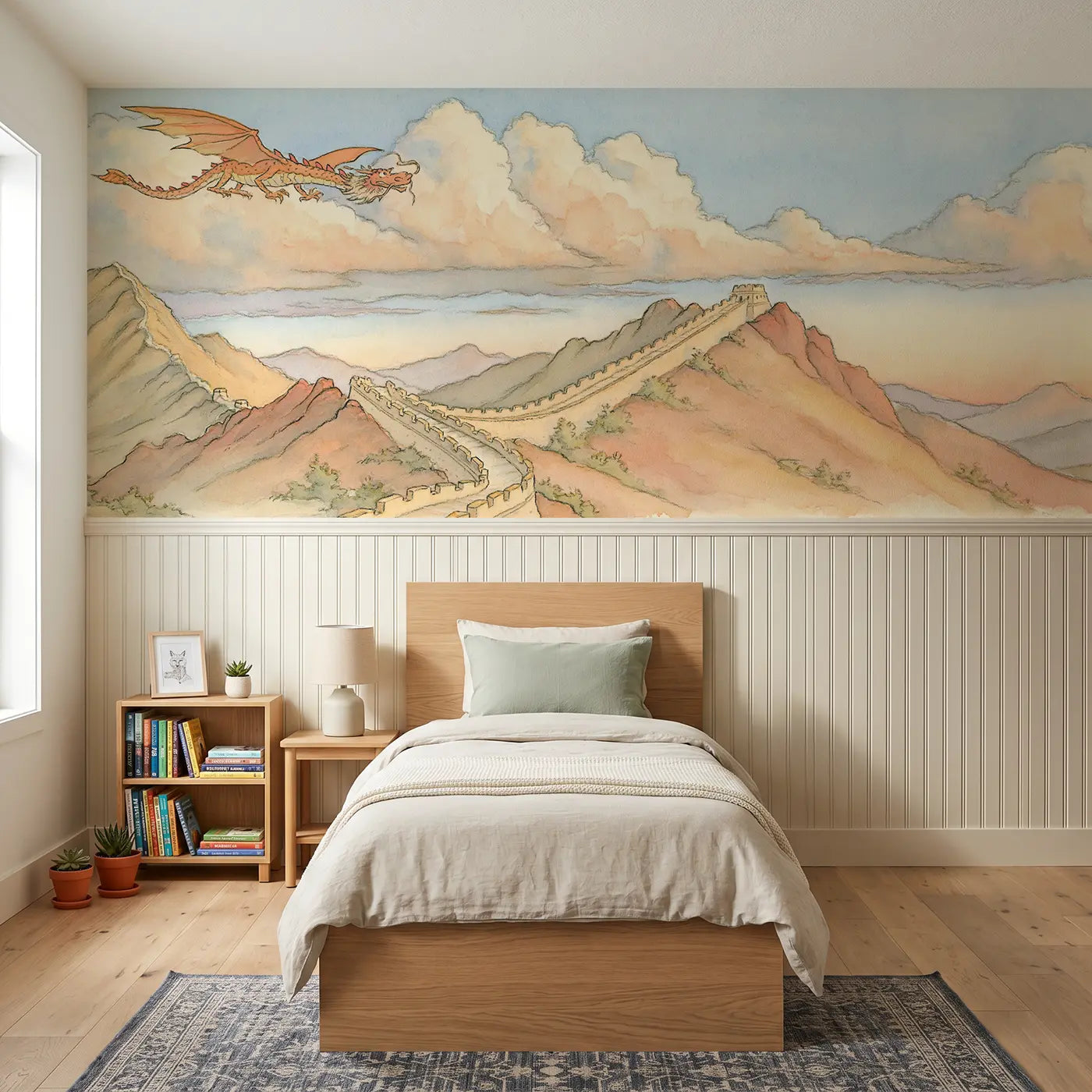 Storybook Great Wall dragon tale wainscoting wallpaper for bedroom by Whimsy Tots.