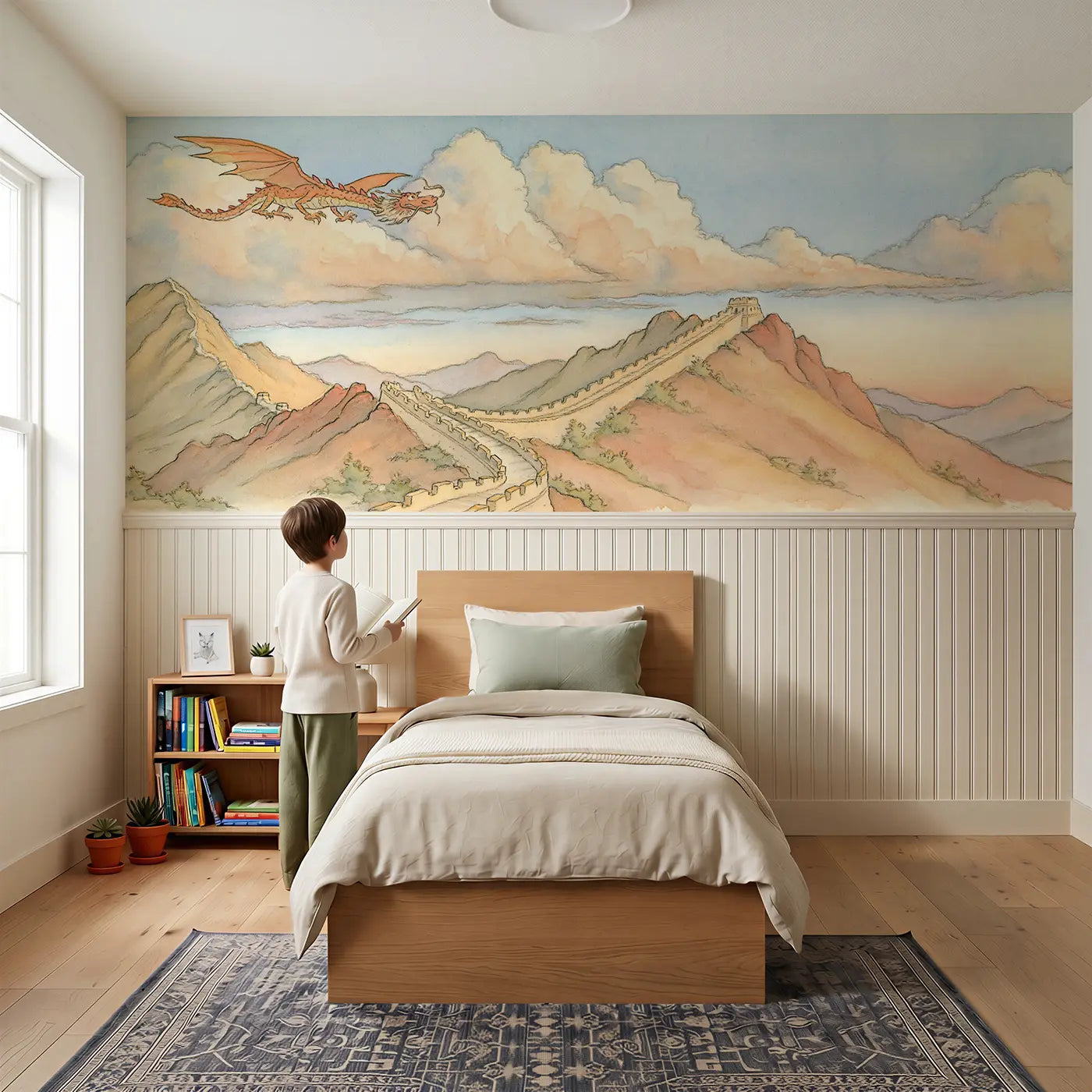 Child reading near Great Wall China Dragon Wainscoting Wallpaper by Whimsy Tots