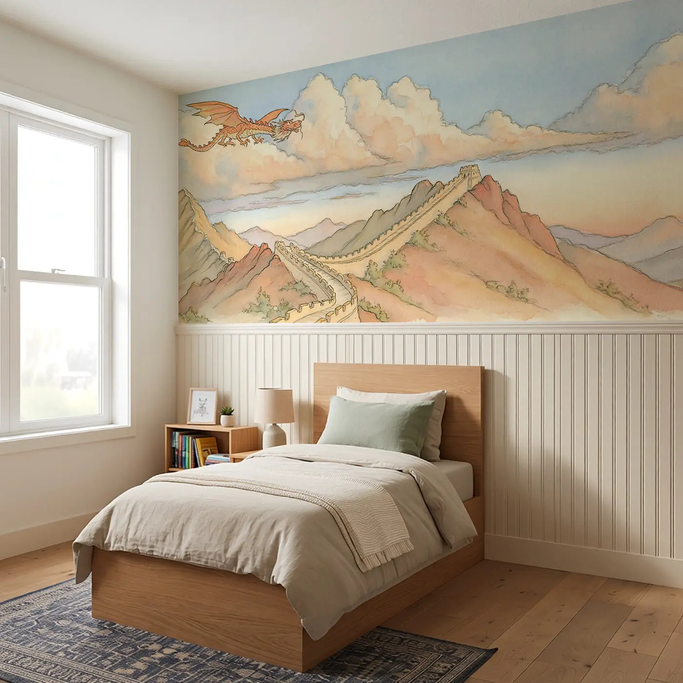 Great Wall China Dragon Wainscoting Wallpaper styled in a kids bedroom by Whimsy Tots