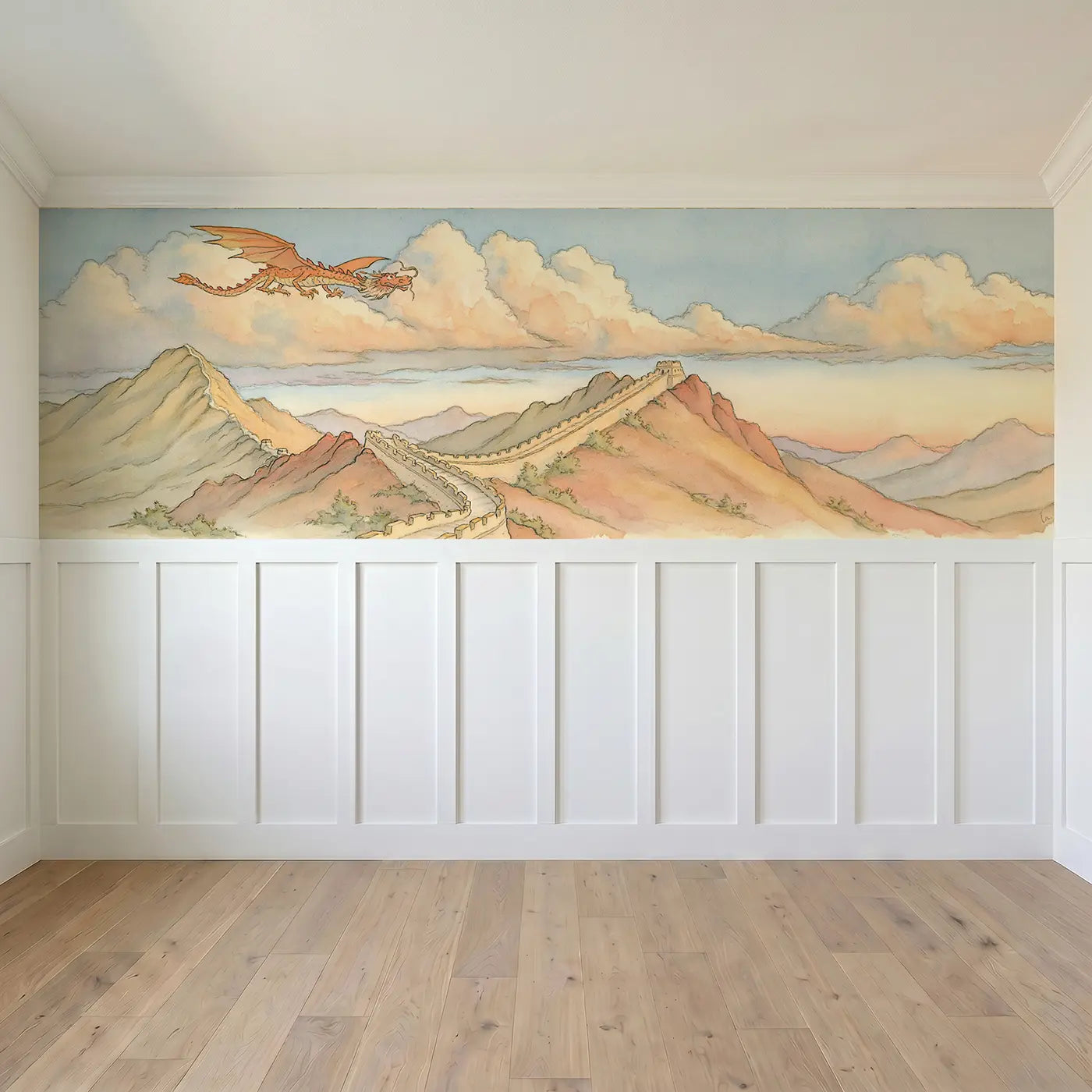 Full panel view of Great Wall China Dragon Wainscoting Wallpaper by Whimsy Tots