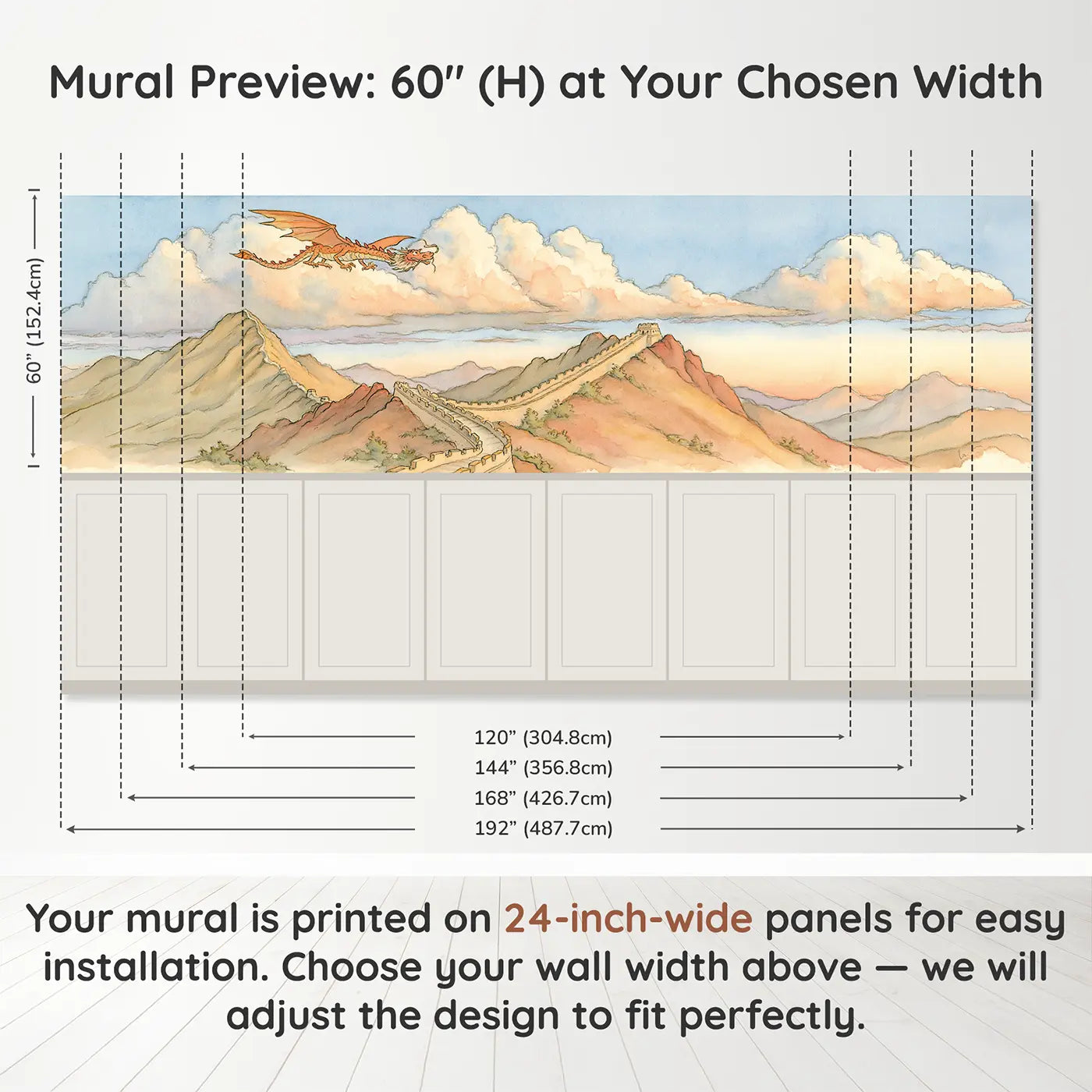 Panel dimensions for Great Wall China Dragon Wainscoting Wallpaper by Whimsy Tots