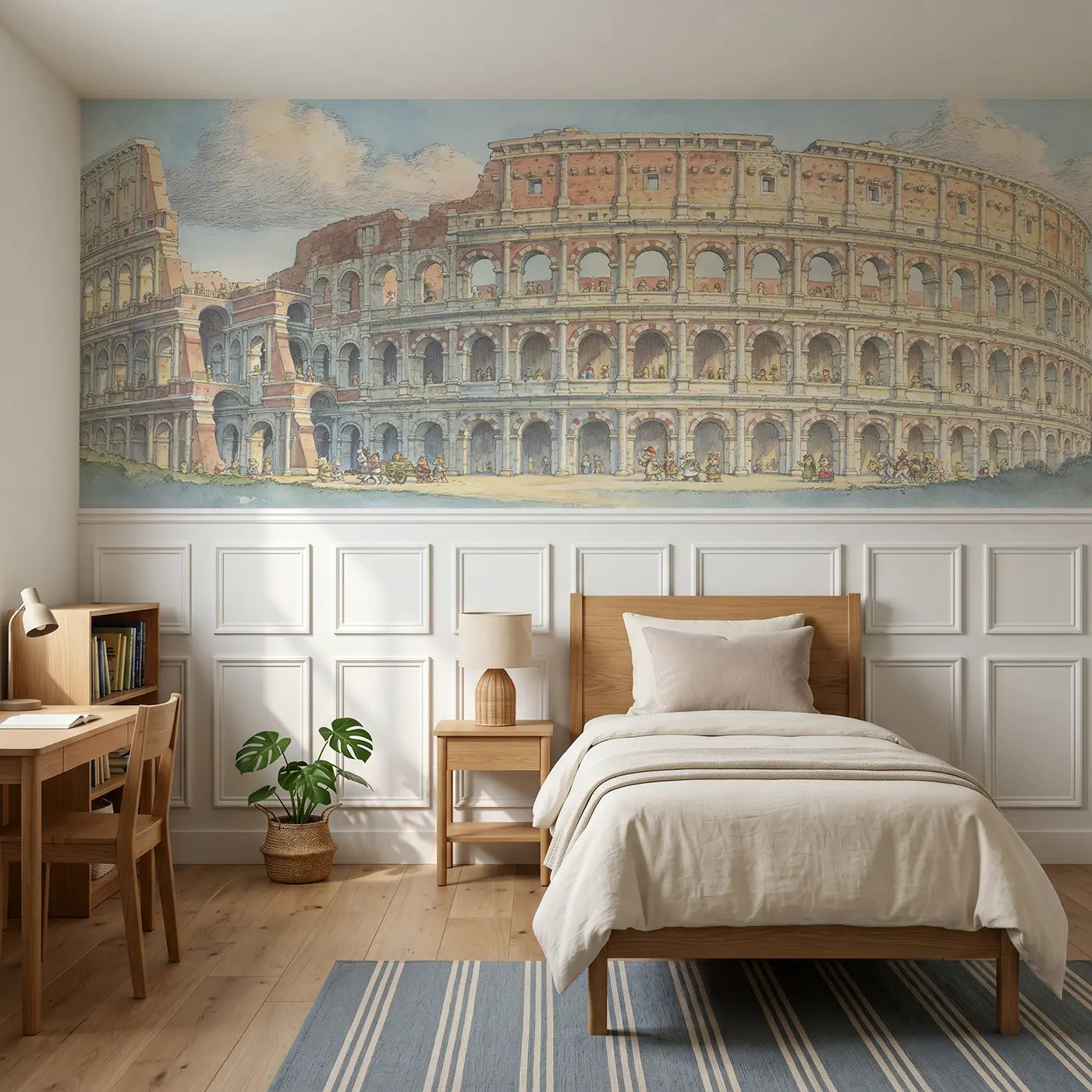 Storybook Colosseum Rome tour wainscoting wallpaper for bedroom by Whimsy Tots.