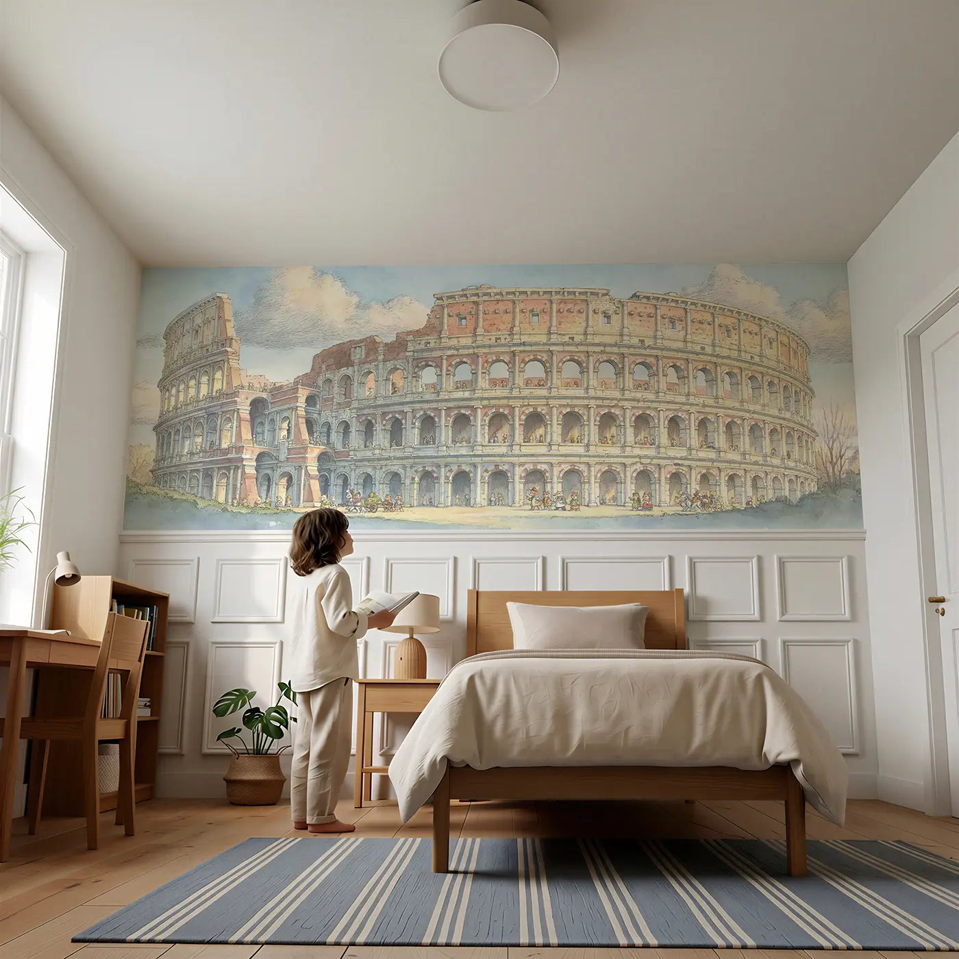 Child reading near Colosseum Rome Tour Wainscoting Wallpaper by Whimsy Tots