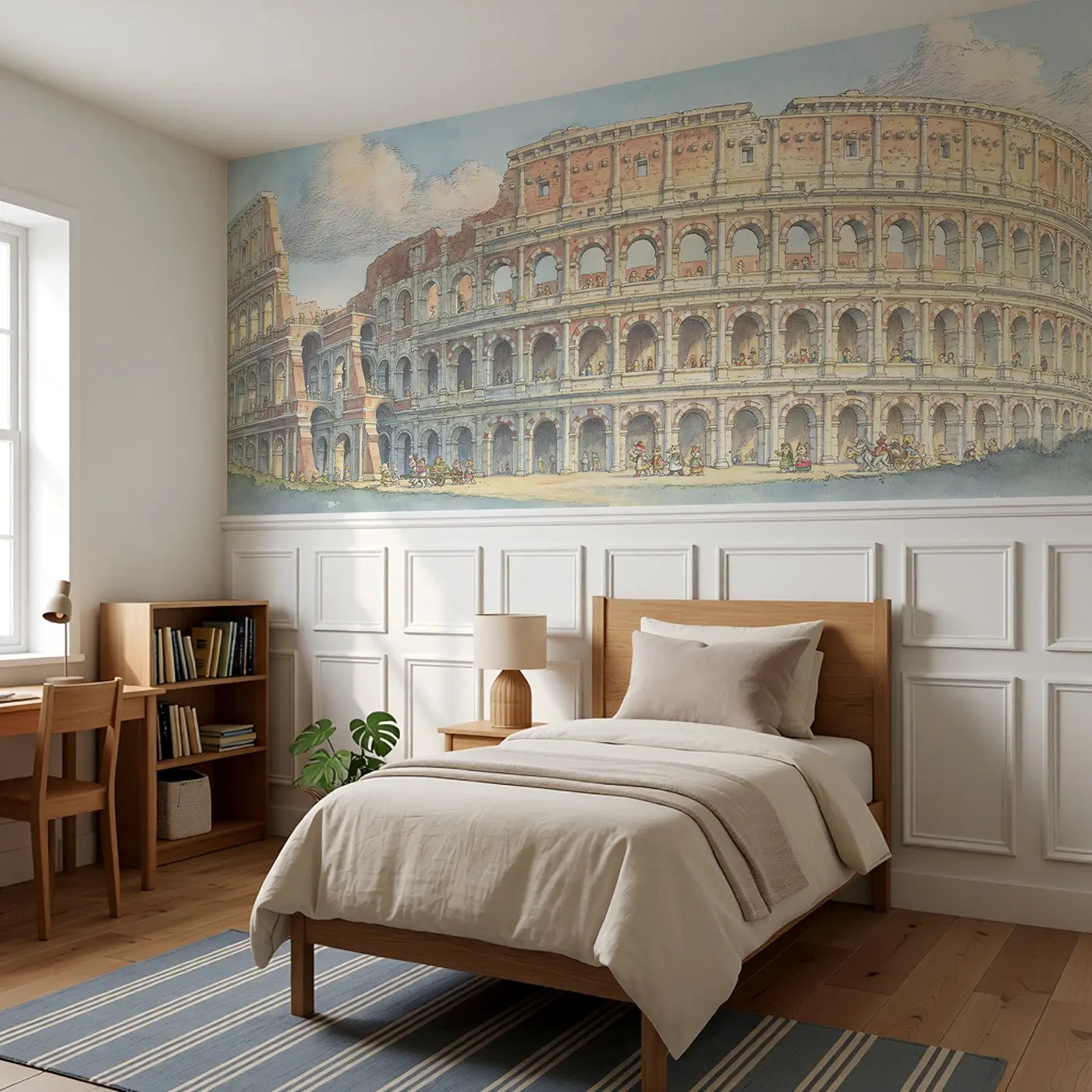Colosseum Rome Tour Wainscoting Wallpaper styled in a kids bedroom by Whimsy Tots