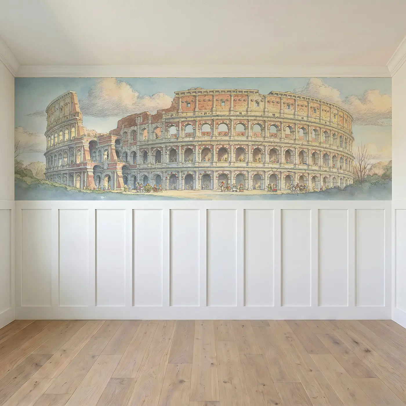 Full panel view of Colosseum Rome Tour Wainscoting Wallpaper by Whimsy Tots