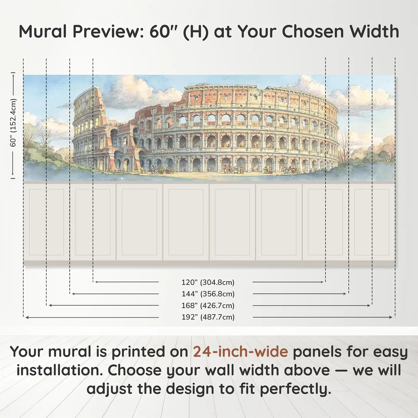 Panel dimensions for Colosseum Rome Tour Wainscoting Wallpaper by Whimsy Tots