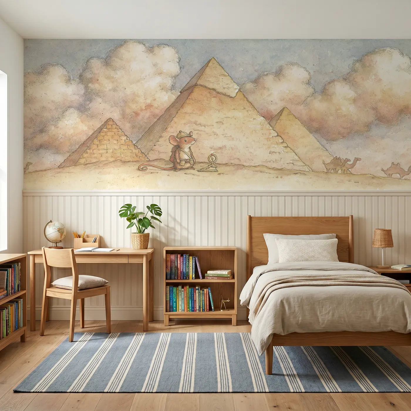 Storybook pyramid Egypt explorer wainscoting wallpaper for bedroom by Whimsy Tots.