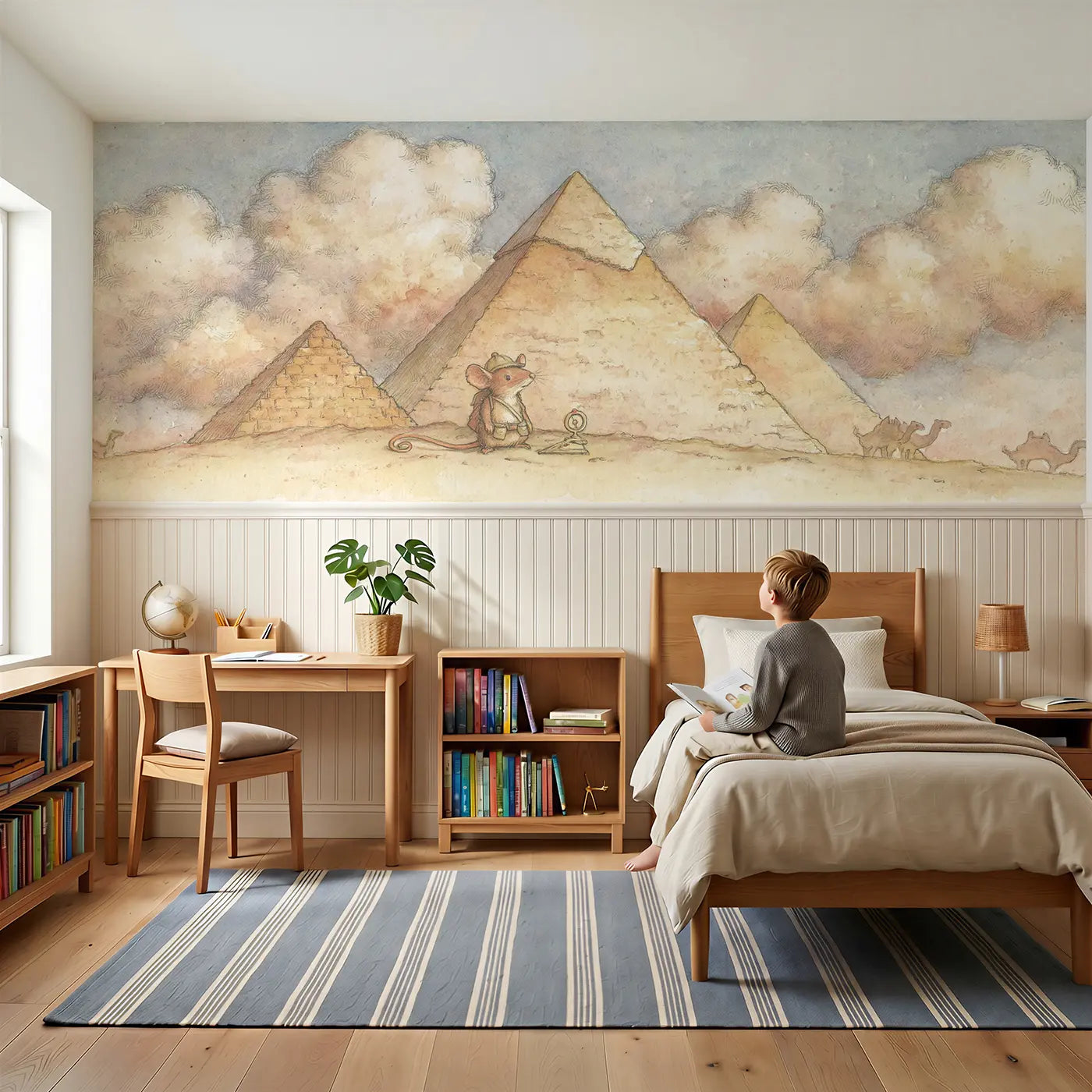 Child reading near Pyramid Egypt Explorer Wainscoting Wallpaper by Whimsy Tots