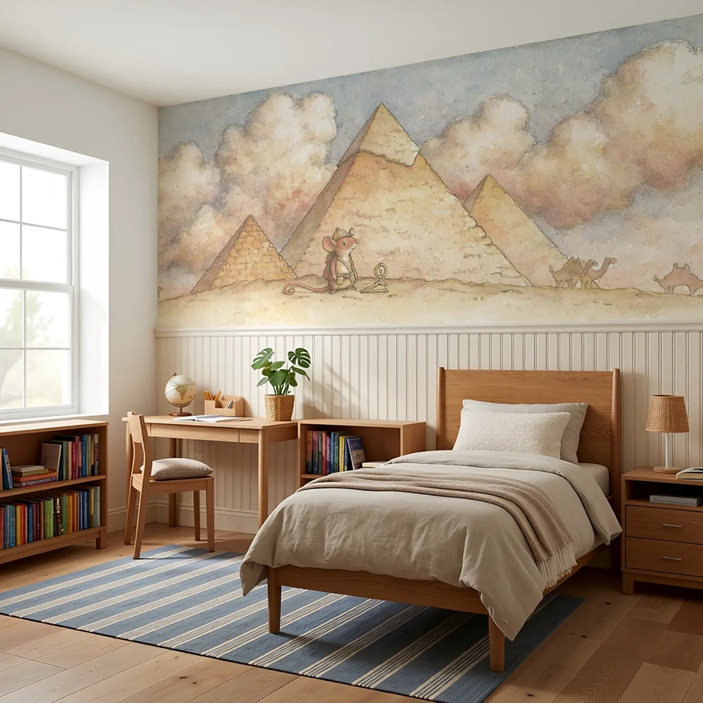 Pyramid Egypt Explorer Wainscoting Wallpaper styled in a kids bedroom by Whimsy Tots