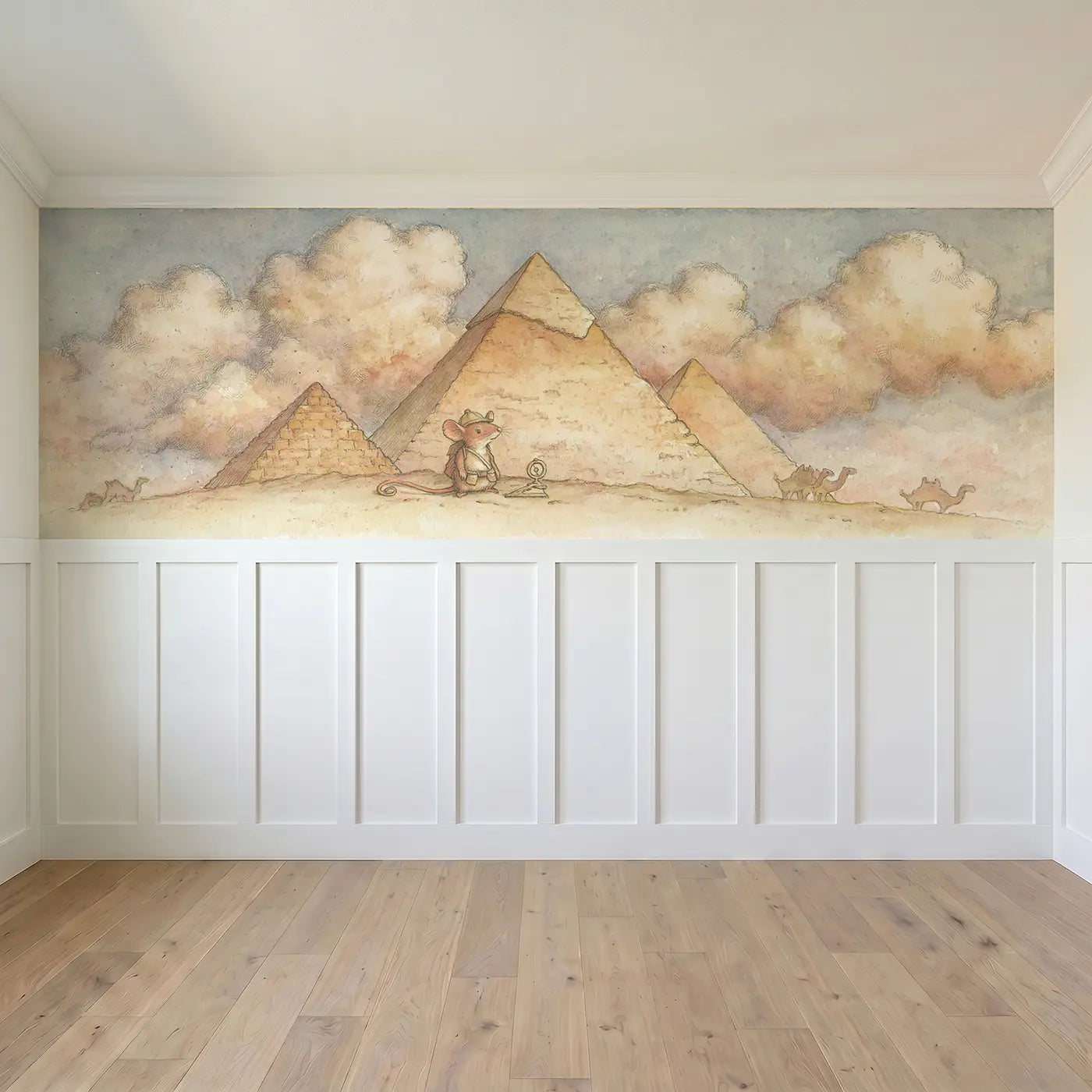 Full panel view of Pyramid Egypt Explorer Wainscoting Wallpaper by Whimsy Tots