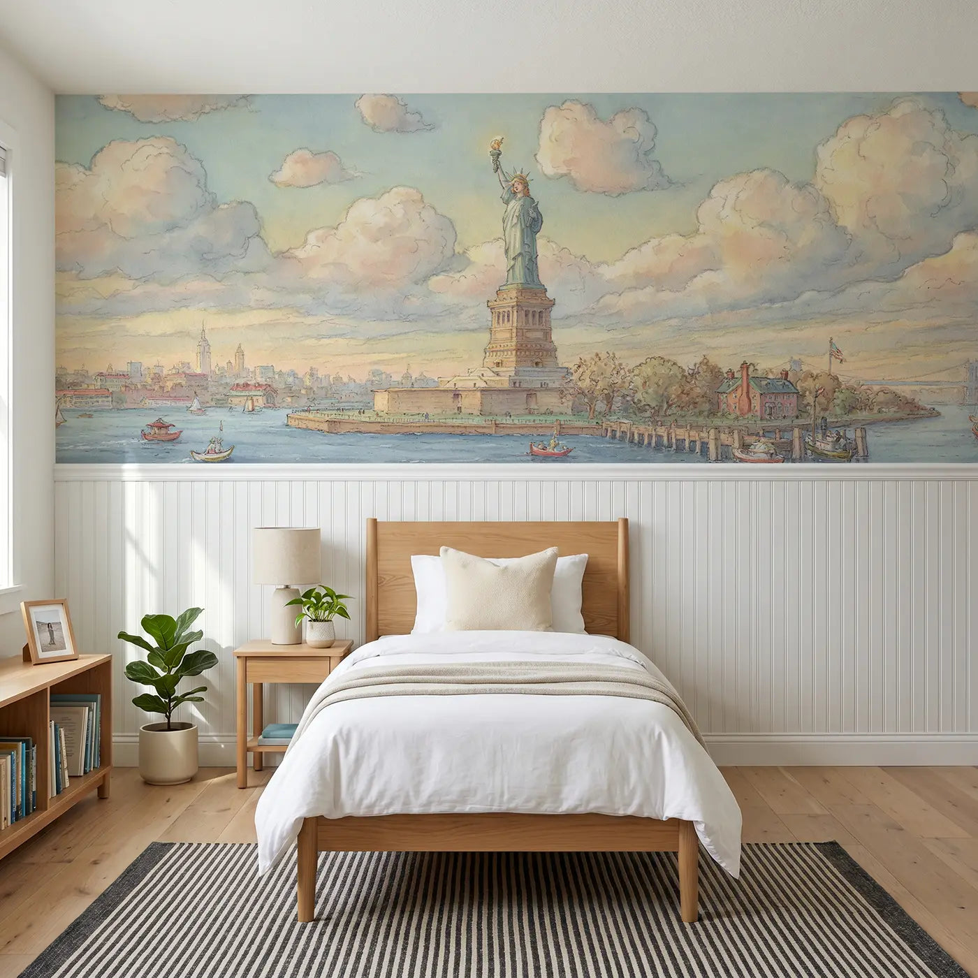 Storybook Statue Liberty harbor wainscoting wallpaper for bedroom by Whimsy Tots.