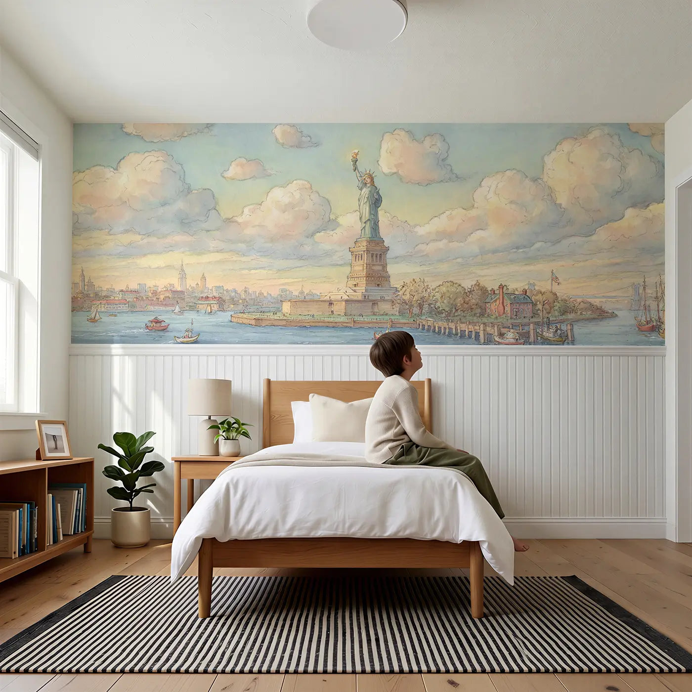 Child reading near Statue Liberty Harbor Wainscoting Wallpaper by Whimsy Tots