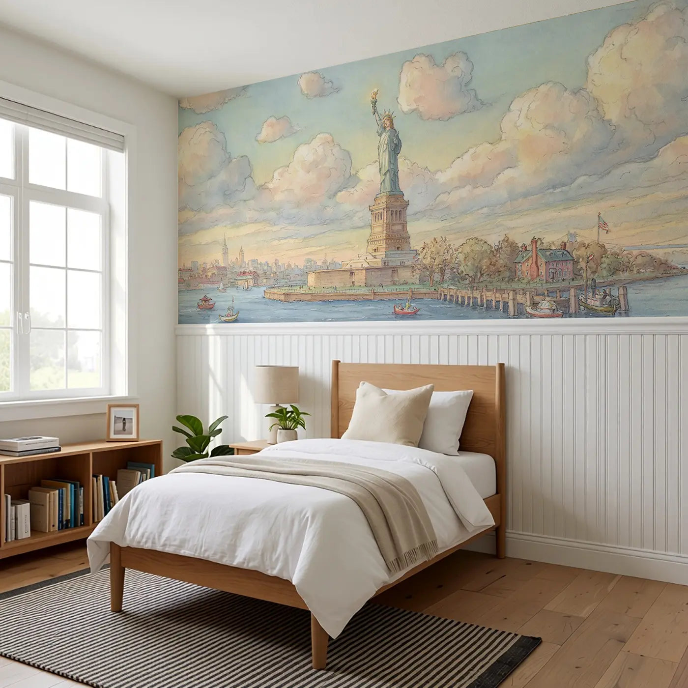 Statue Liberty Harbor Wainscoting Wallpaper styled in a kids bedroom by Whimsy Tots