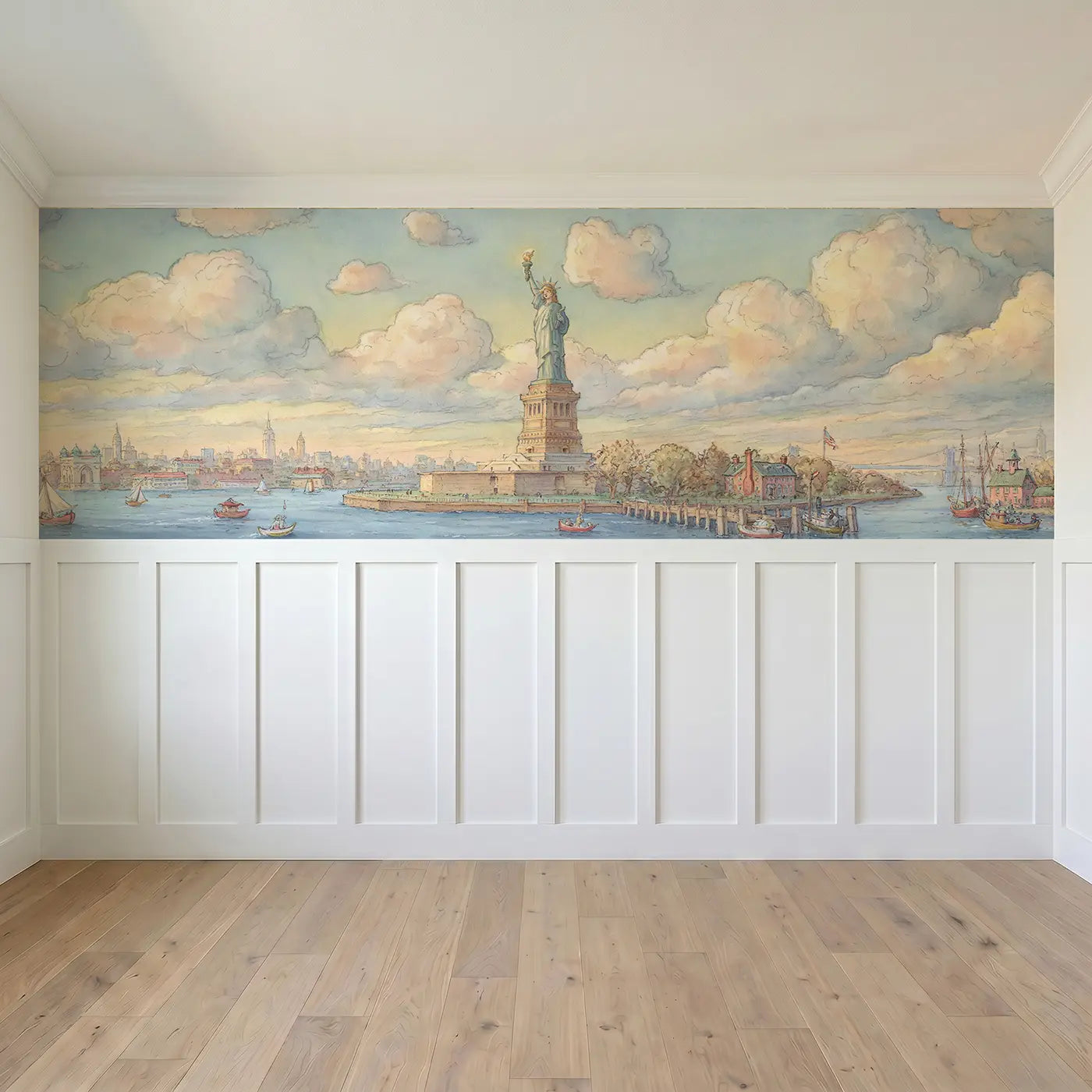 Full panel view of Statue Liberty Harbor Wainscoting Wallpaper by Whimsy Tots