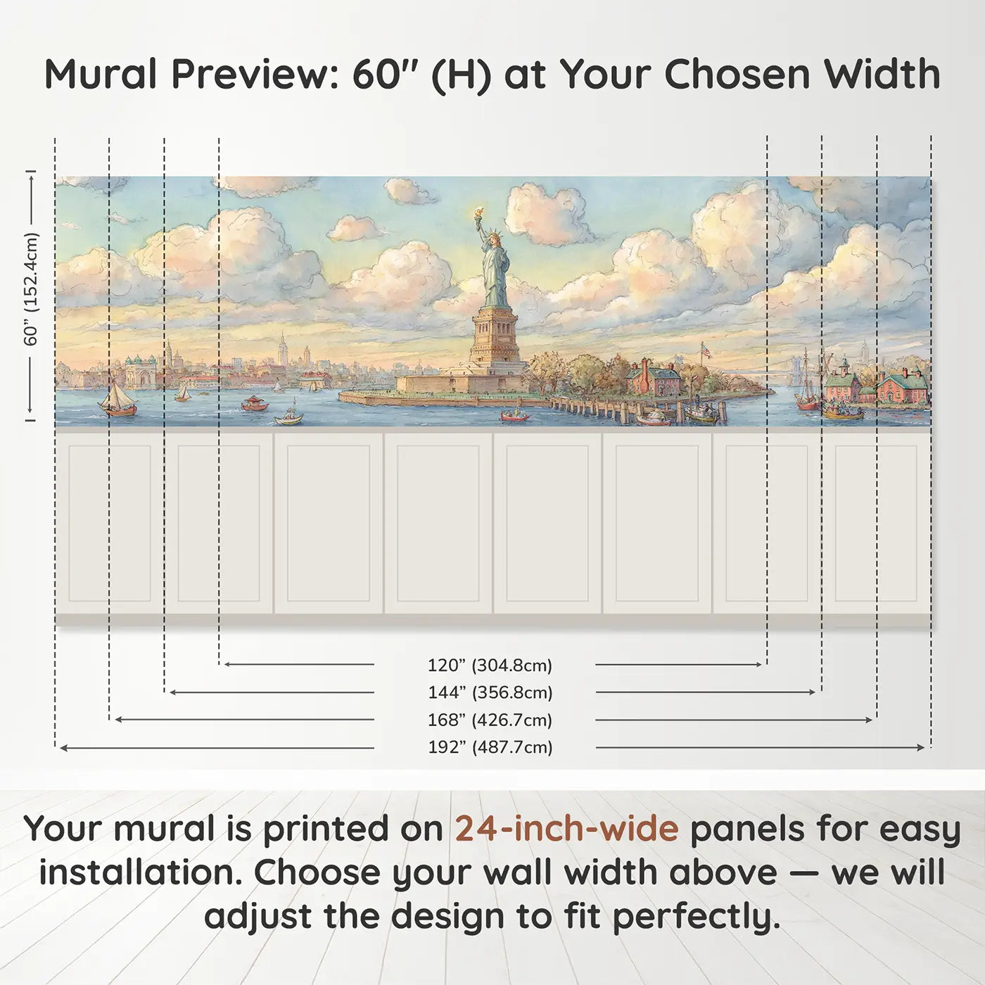 Panel dimensions for Statue Liberty Harbor Wainscoting Wallpaper by Whimsy Tots