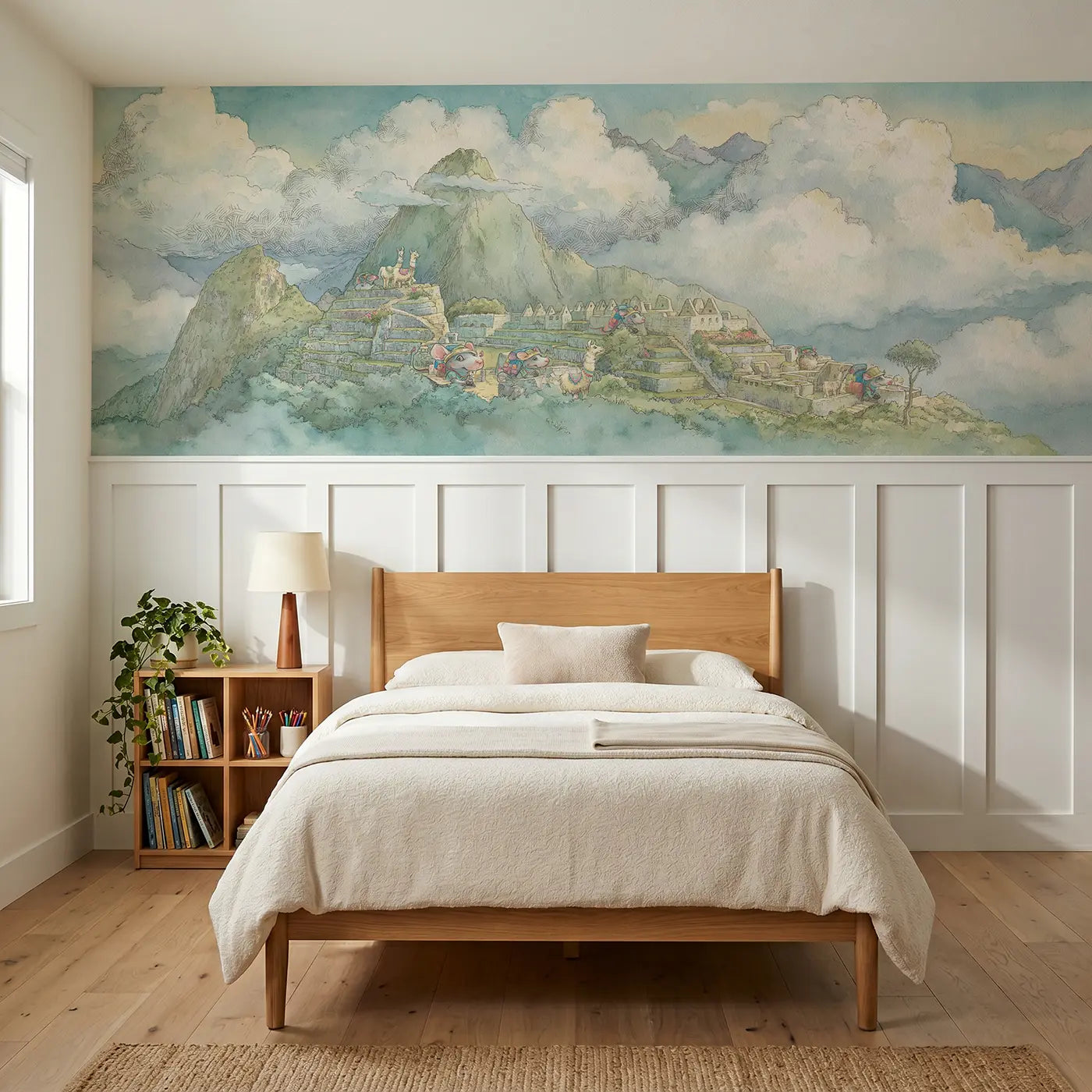 Storybook Machu Picchu llama trek wainscoting wallpaper for bedroom by Whimsy Tots.