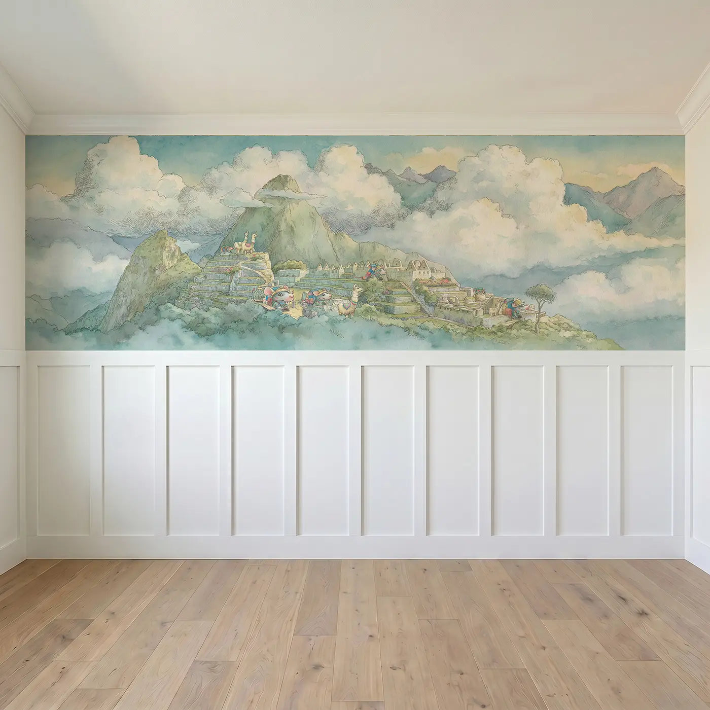 Full panel view of Machu Picchu Llama Trek Wainscoting Wallpaper by Whimsy Tots