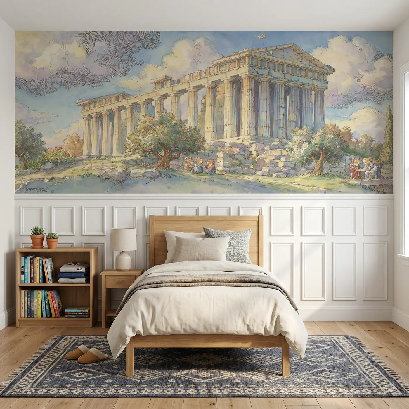 Storybook Acropolis Athens column wainscoting wallpaper for bedroom by Whimsy Tots.