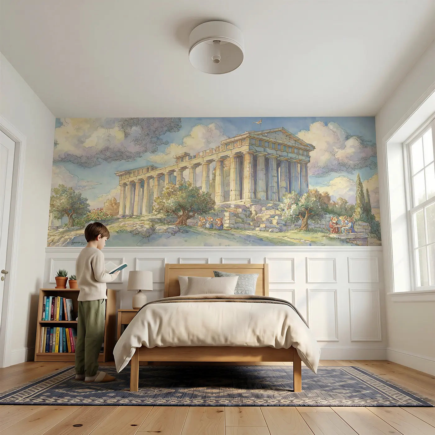 Child reading near Acropolis Athens Column Wainscoting Wallpaper by Whimsy Tots