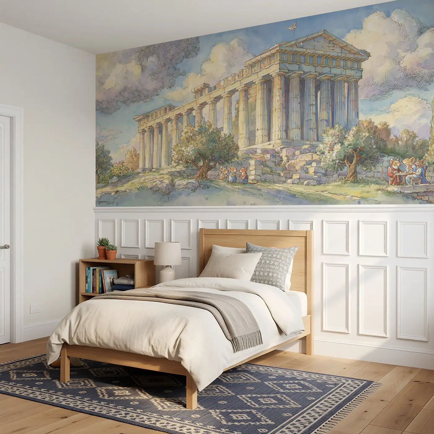 Acropolis Athens Column Wainscoting Wallpaper styled in a kids bedroom by Whimsy Tots