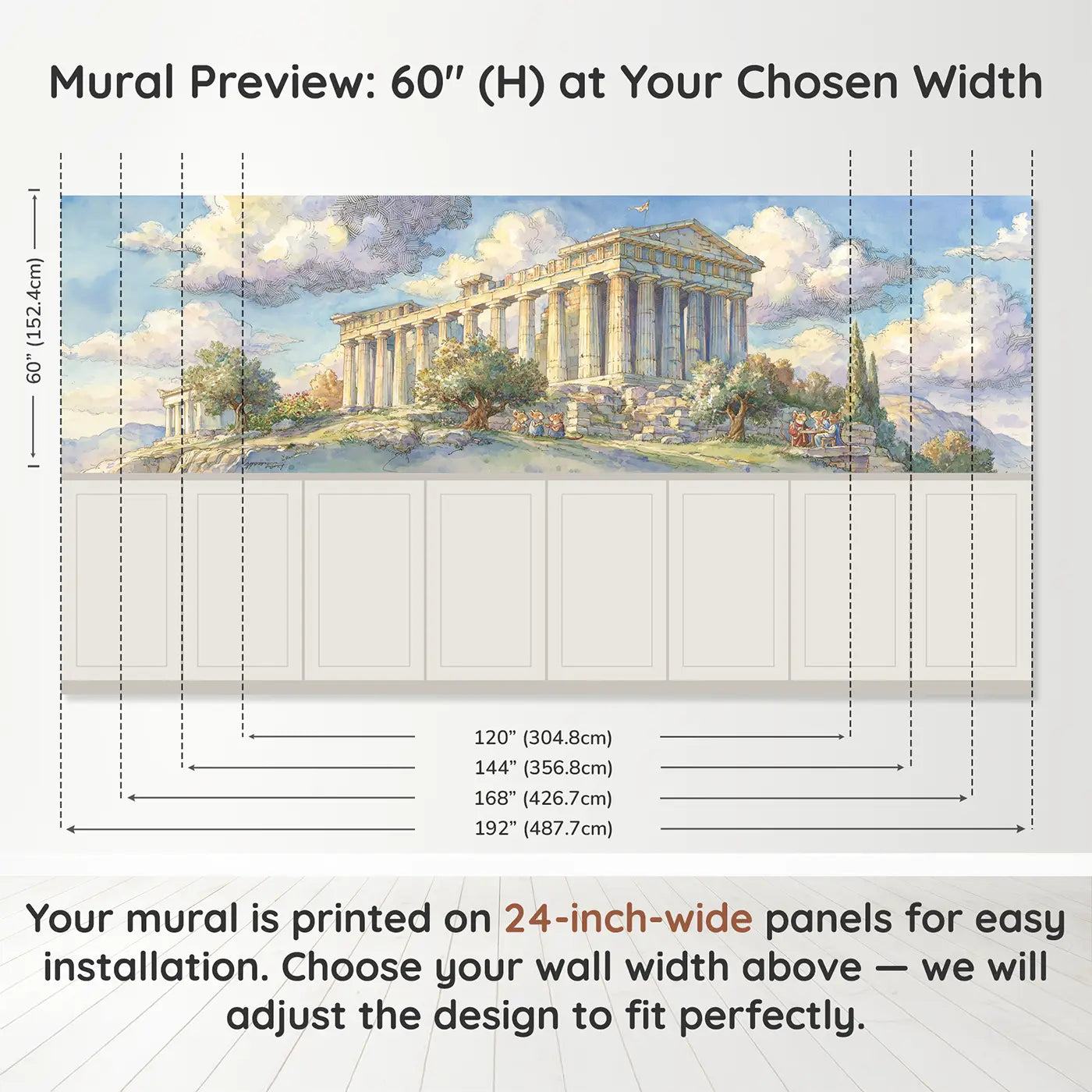 Panel dimensions for Acropolis Athens Column Wainscoting Wallpaper by Whimsy Tots