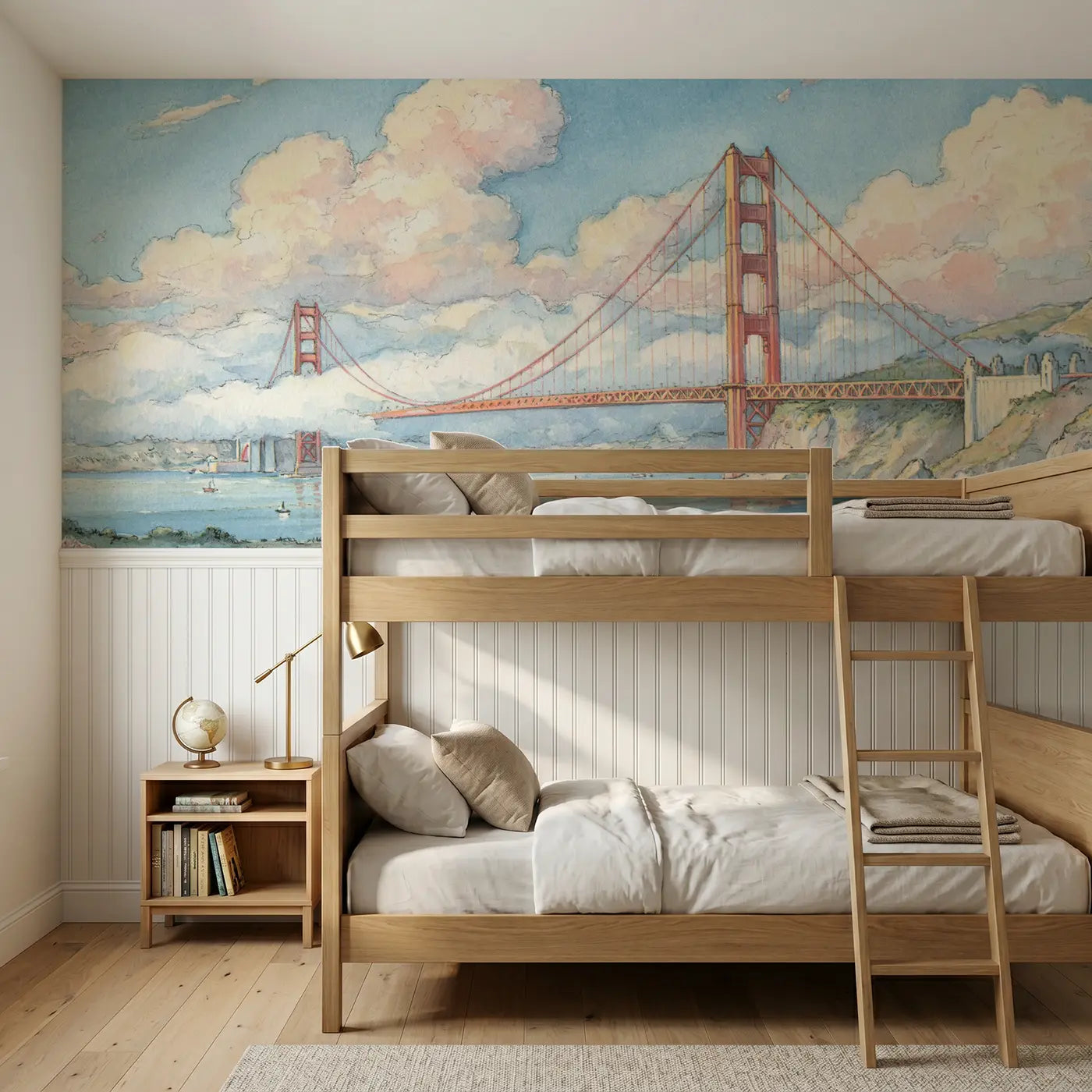 Storybook Golden Gate Bridge fog wainscoting wallpaper for bedroom by Whimsy Tots.