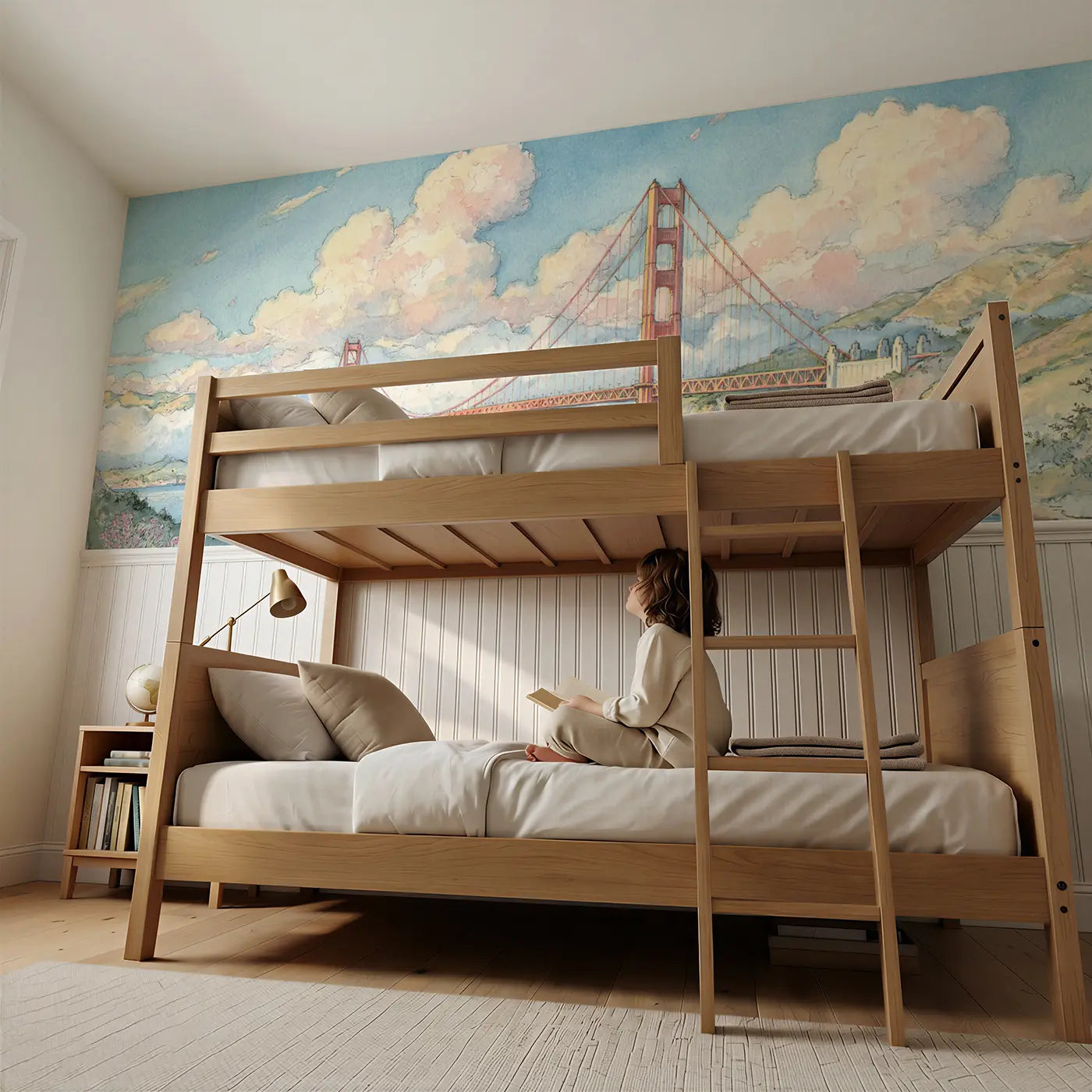 Child reading near Golden Gate Bridge Fog Wainscoting Wallpaper by Whimsy Tots