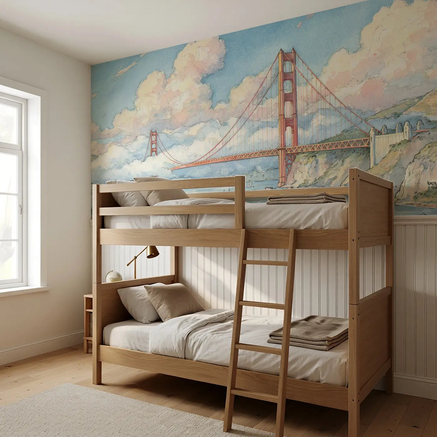 Golden Gate Bridge Fog Wainscoting Wallpaper styled in a kids bedroom by Whimsy Tots