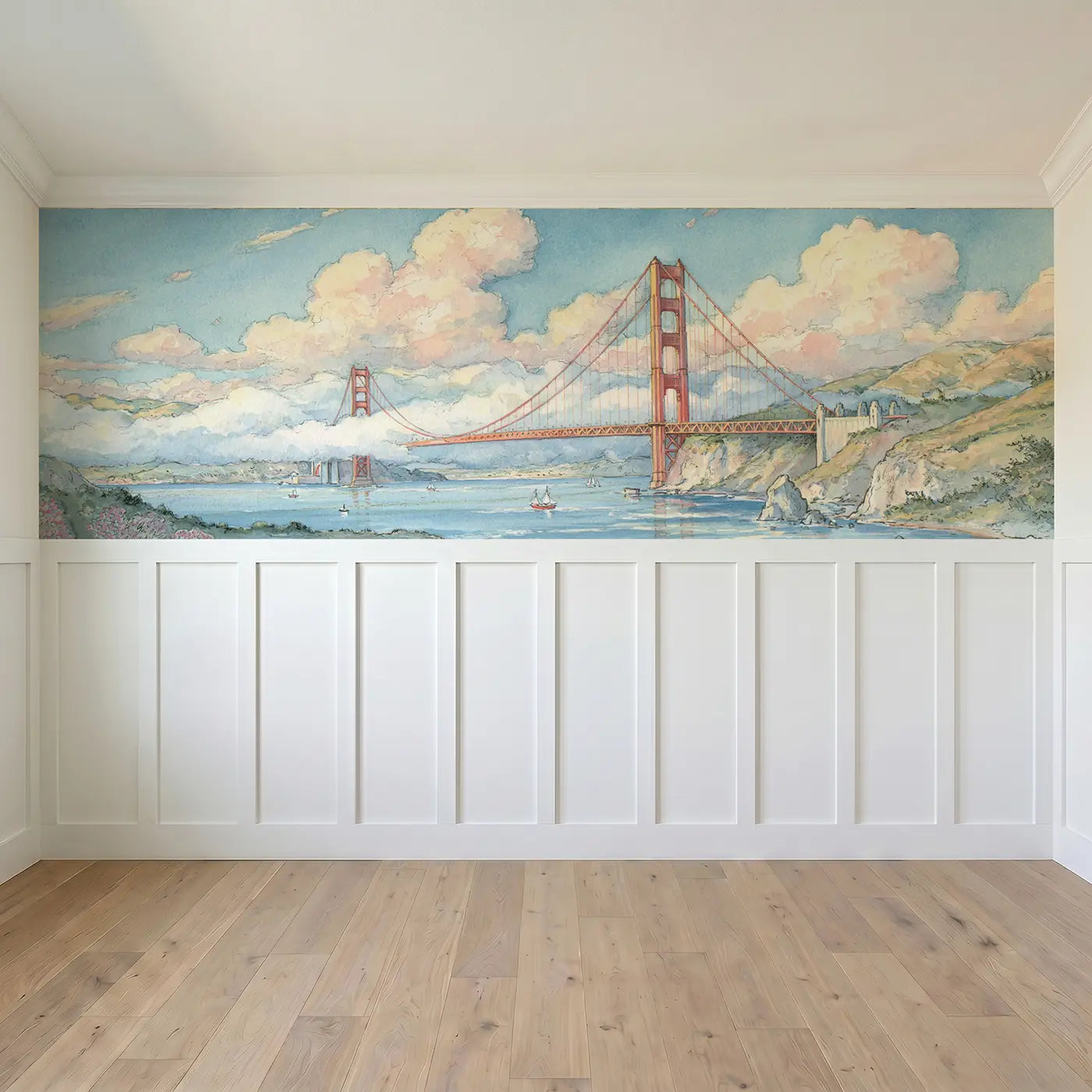 Full panel view of Golden Gate Bridge Fog Wainscoting Wallpaper by Whimsy Tots