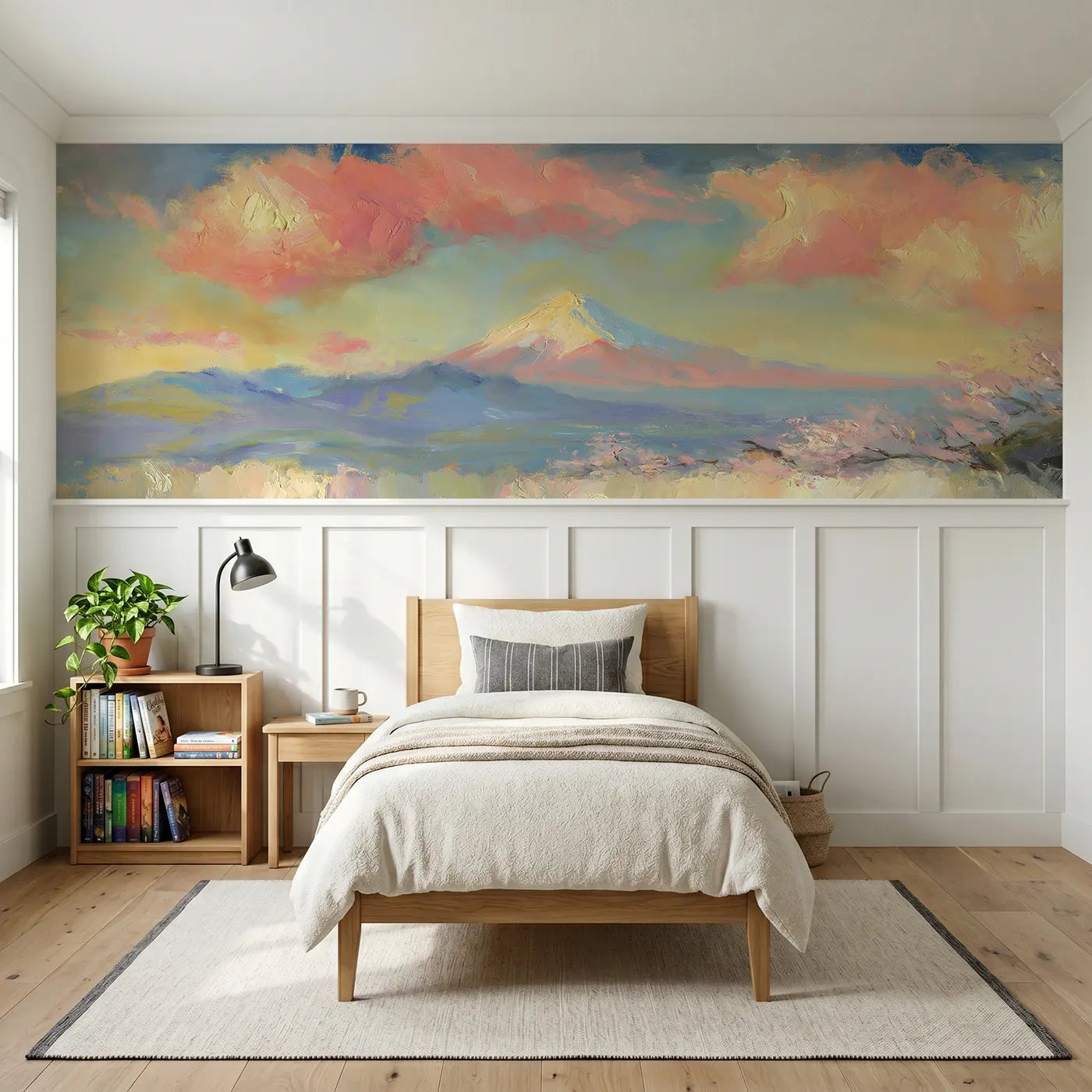 Painted Landscape Mount Fuji dawn oil wainscoting wallpaper for bedroom by Whimsy Tots.