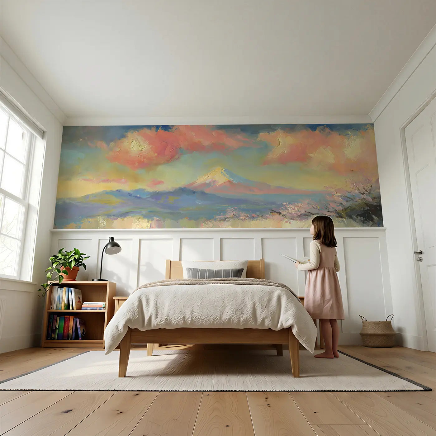 Child reading near Mount Fuji Dawn Oil Wainscoting Wallpaper by Whimsy Tots