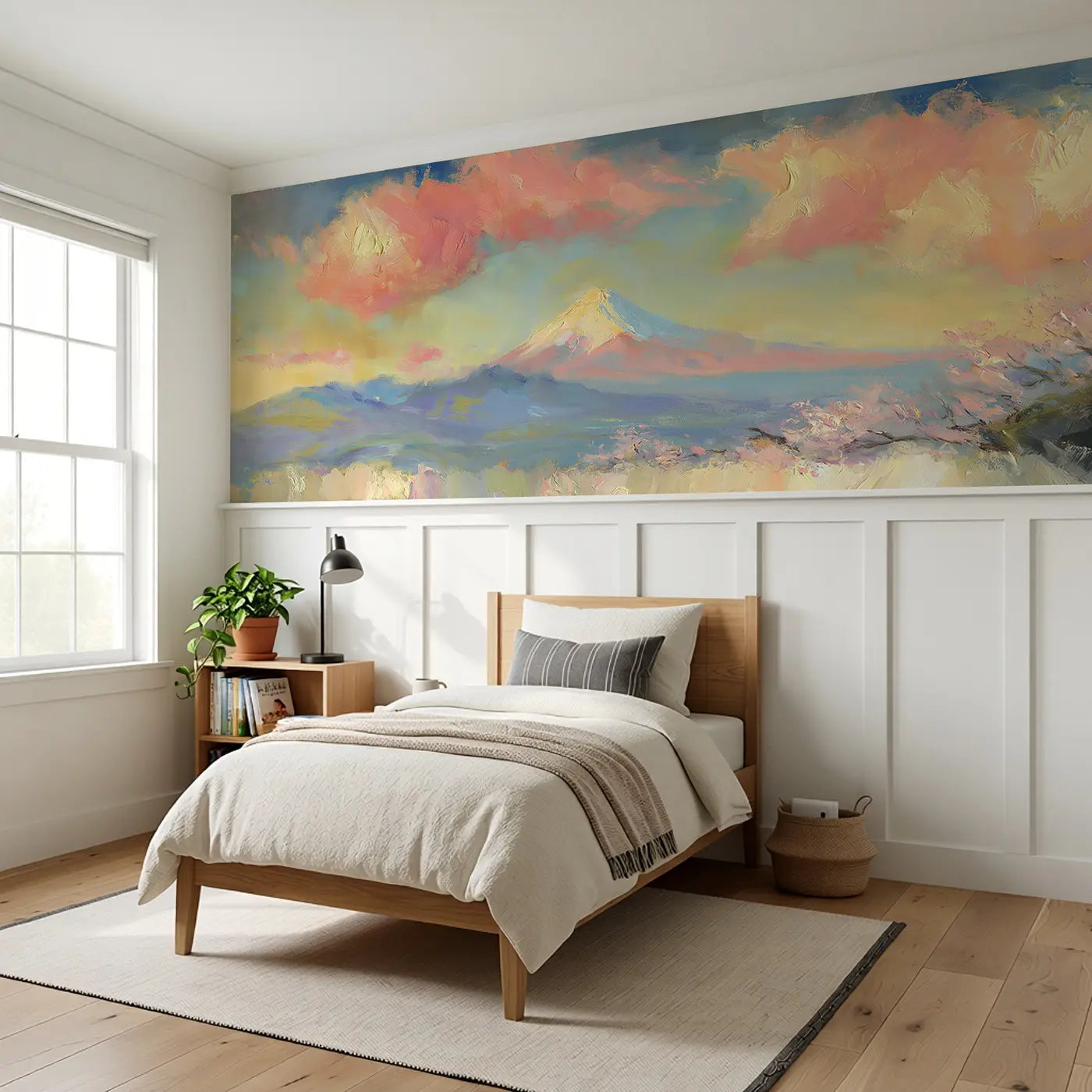 Mount Fuji Dawn Oil Wainscoting Wallpaper styled in a kids bedroom by Whimsy Tots