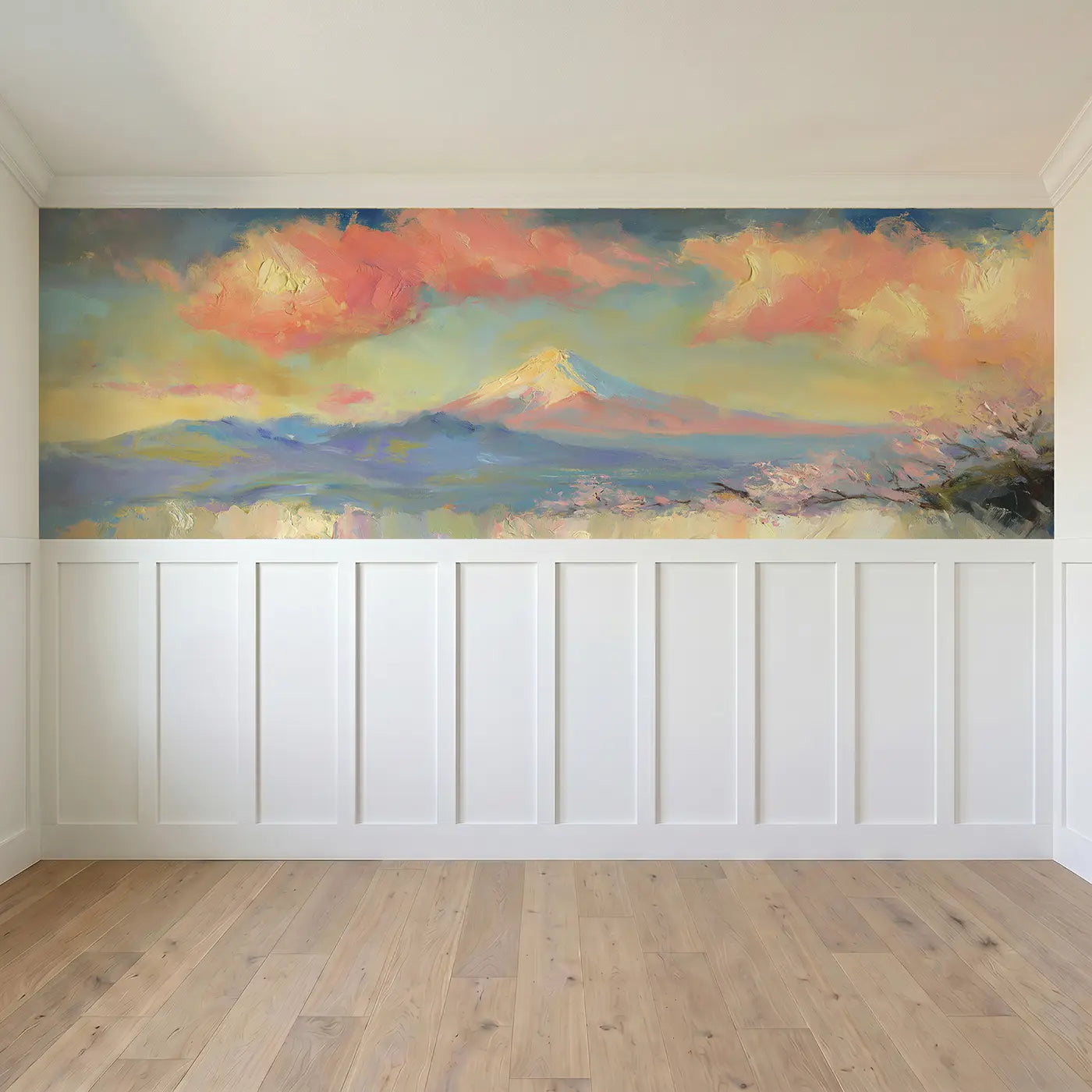Full panel view of Mount Fuji Dawn Oil Wainscoting Wallpaper by Whimsy Tots