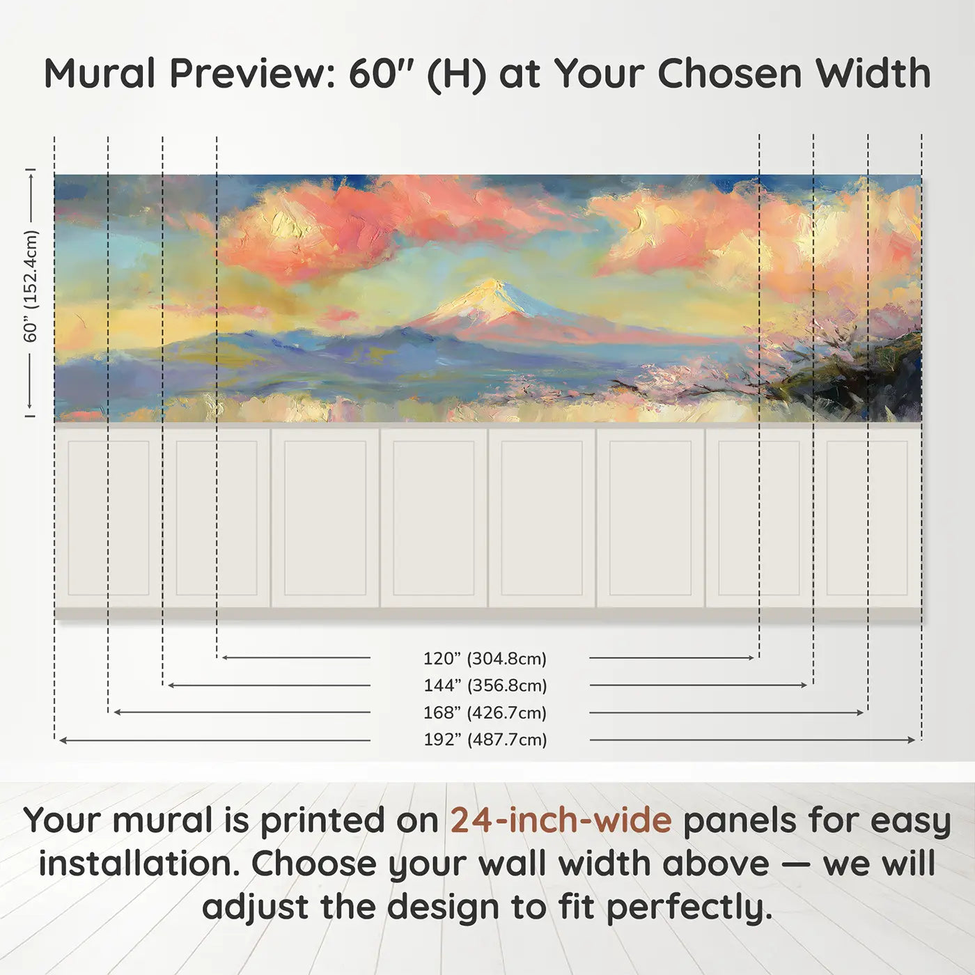 Panel dimensions for Mount Fuji Dawn Oil Wainscoting Wallpaper by Whimsy Tots