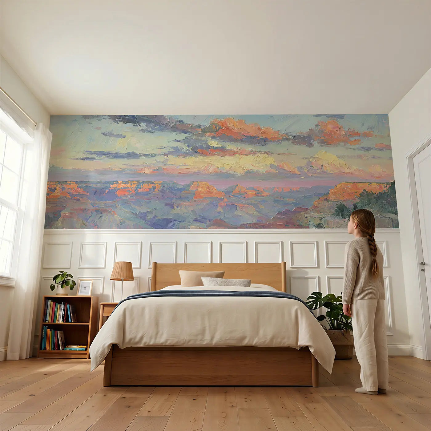 Child reading near Grand Canyon Sunset Glow Wainscoting Wallpaper by Whimsy Tots