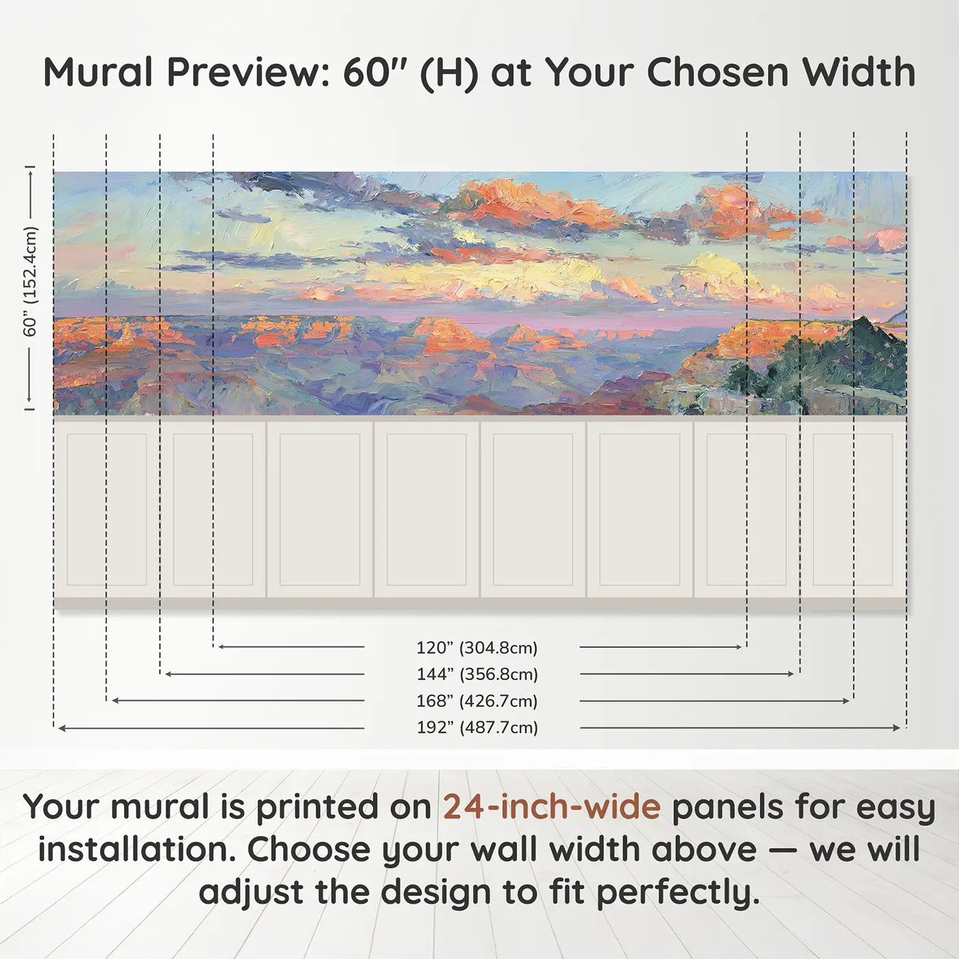 Panel dimensions for Grand Canyon Sunset Glow Wainscoting Wallpaper by Whimsy Tots