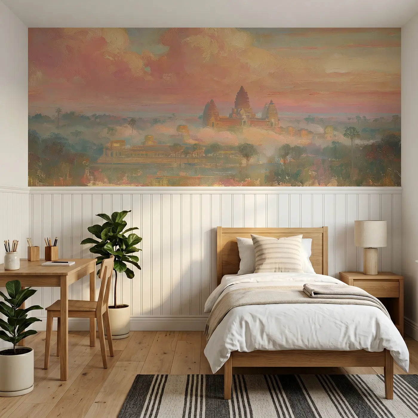 Painted Landscape Angkor Wat temple morning wainscoting wallpaper for bedroom by Whimsy Tots.