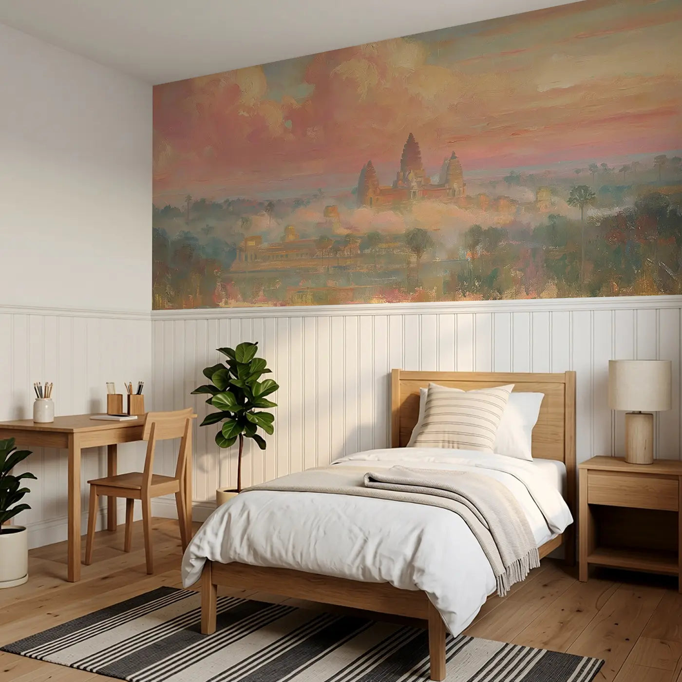 Angkor Wat Temple Morning Wainscoting Wallpaper styled in a kids bedroom by Whimsy Tots