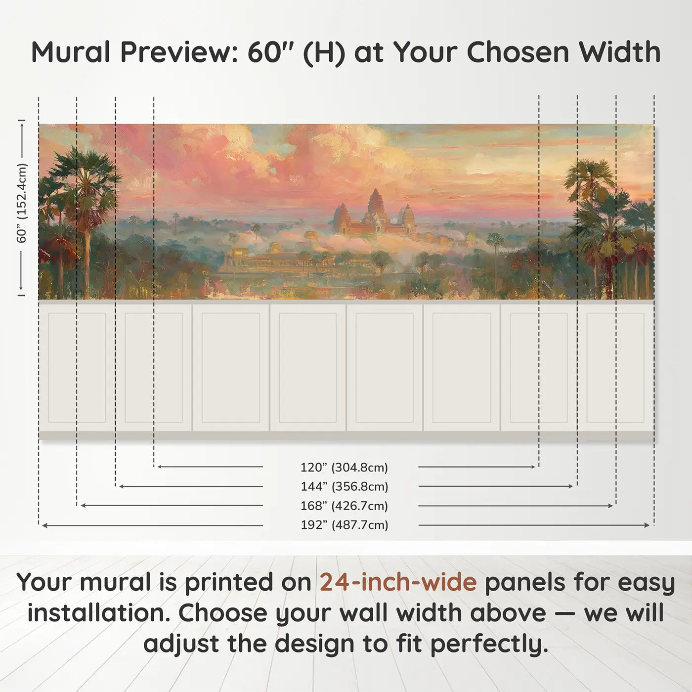 Panel dimensions for Angkor Wat Temple Morning Wainscoting Wallpaper by Whimsy Tots