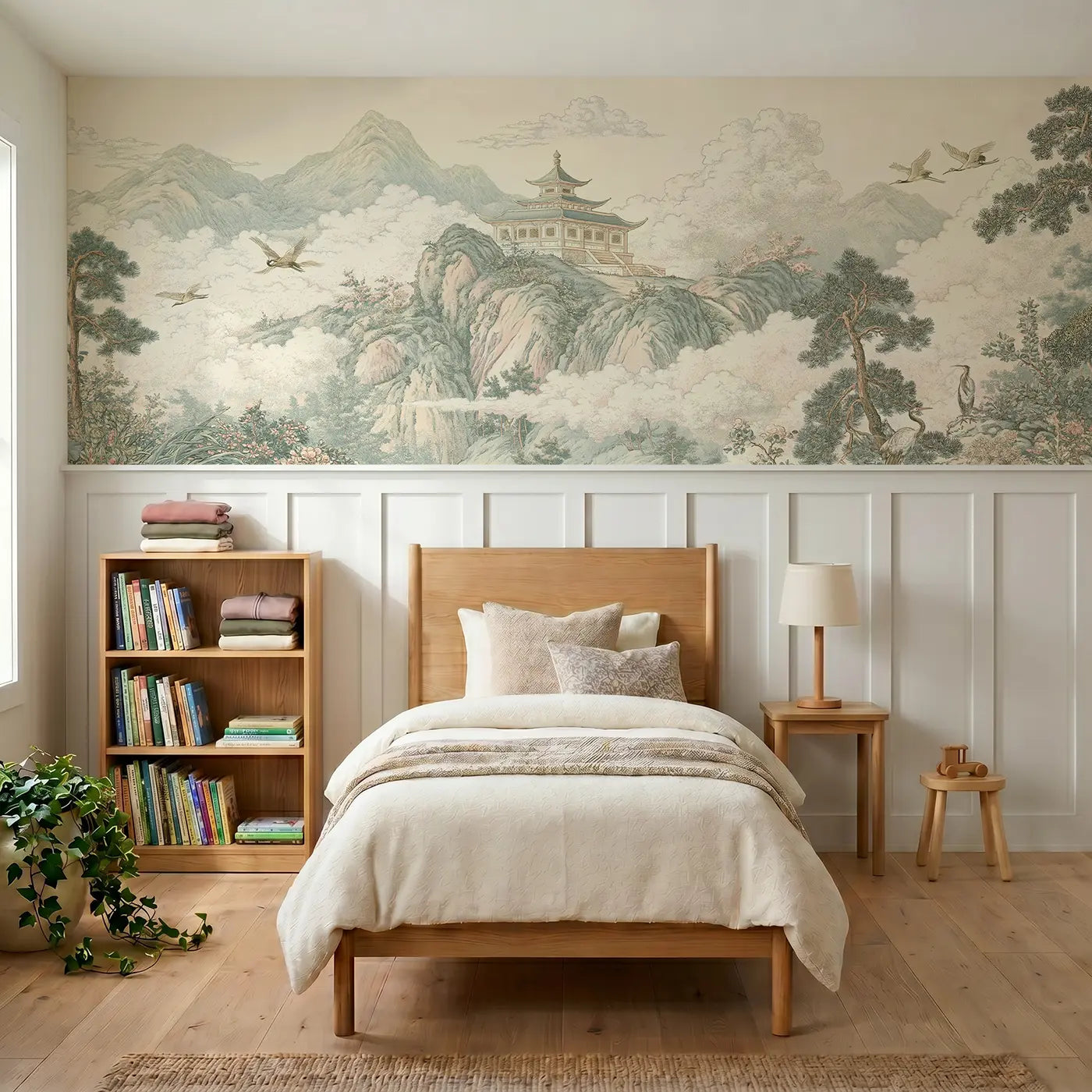 Botanical Elegance pagoda mountain mist wainscoting wallpaper for bedroom by Whimsy Tots.