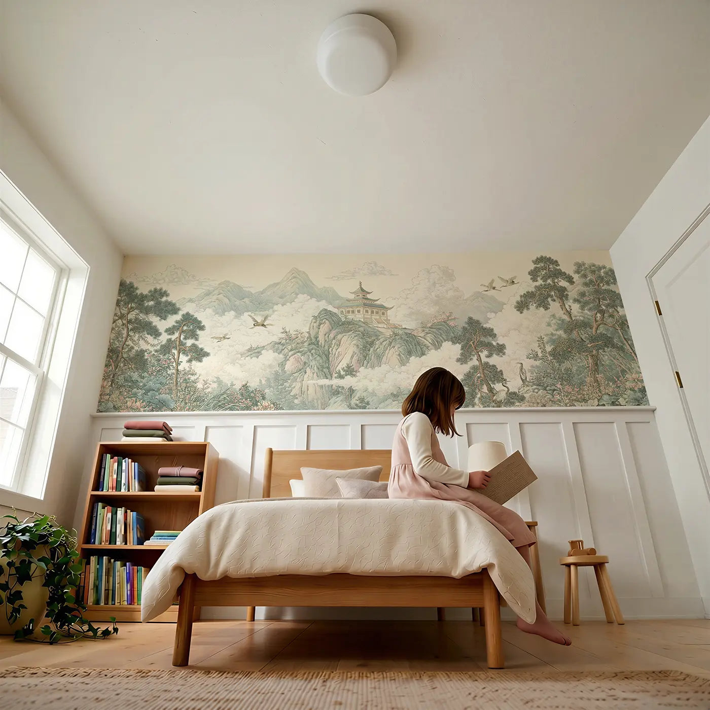 Child reading near Pagoda Mountain Mist Toile Wainscoting Wallpaper by Whimsy Tots