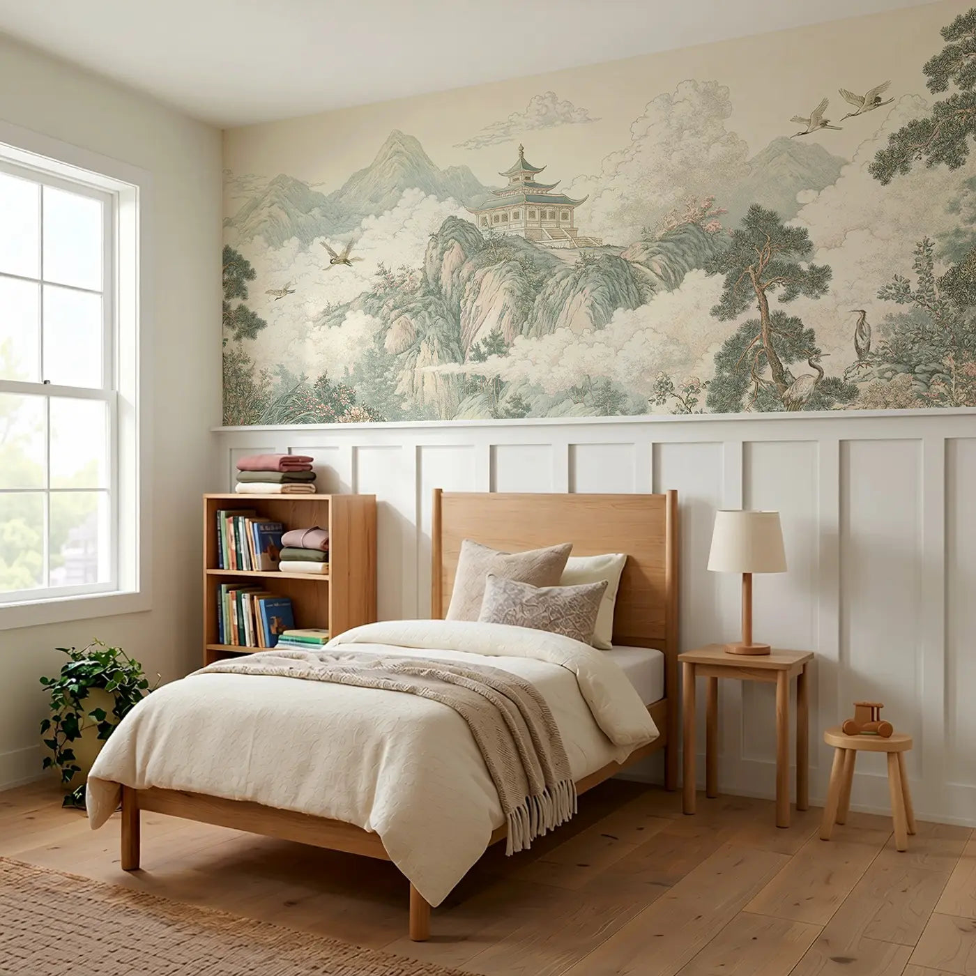Pagoda Mountain Mist Toile Wainscoting Wallpaper styled in a kids bedroom by Whimsy Tots