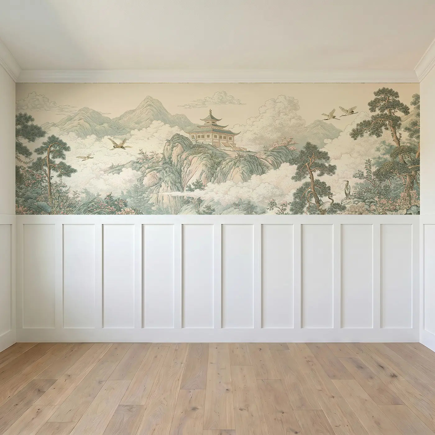Full panel view of Pagoda Mountain Mist Toile Wainscoting Wallpaper by Whimsy Tots