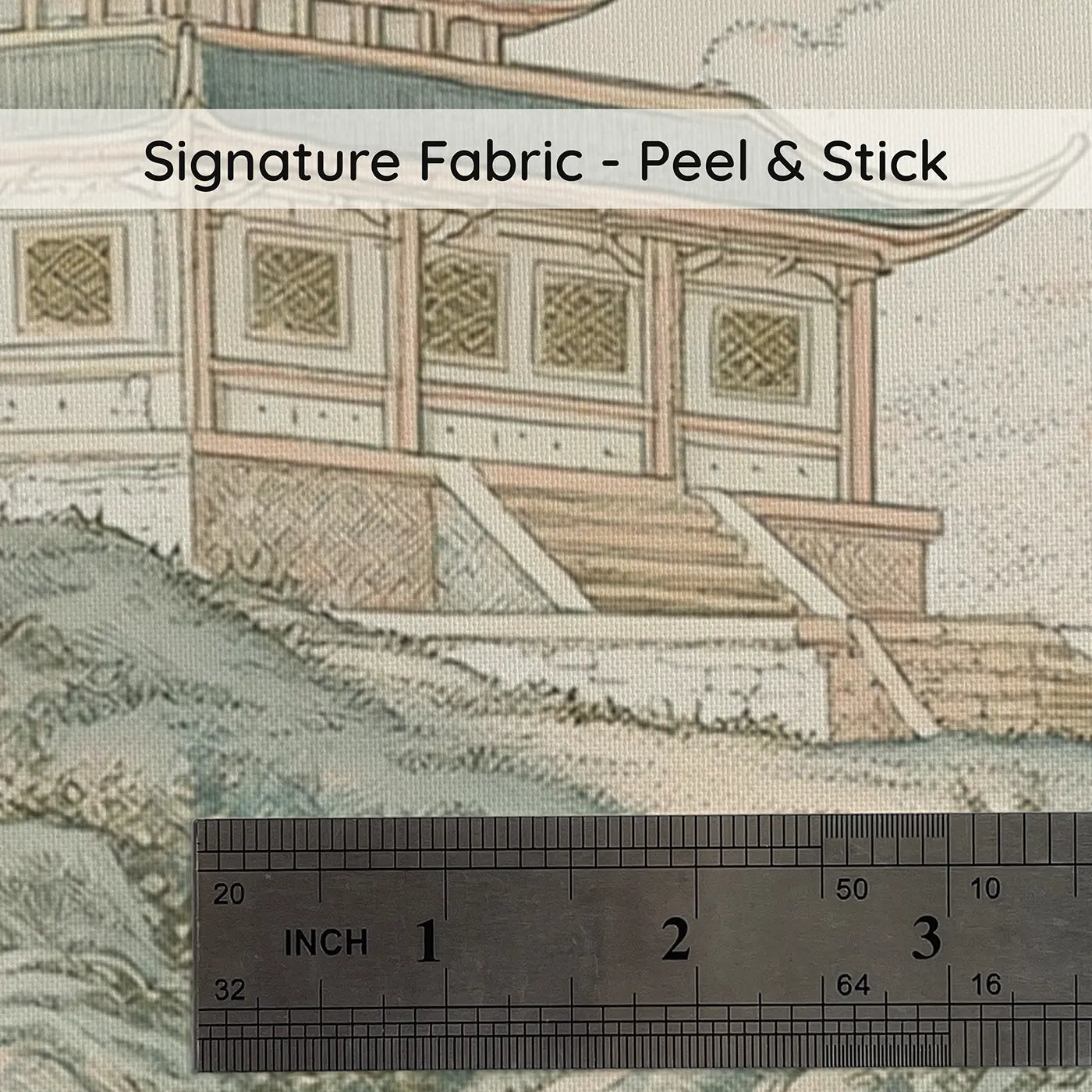 Fabric texture close-up of Pagoda Mountain Mist Toile Wainscoting Wallpaper by Whimsy Tots