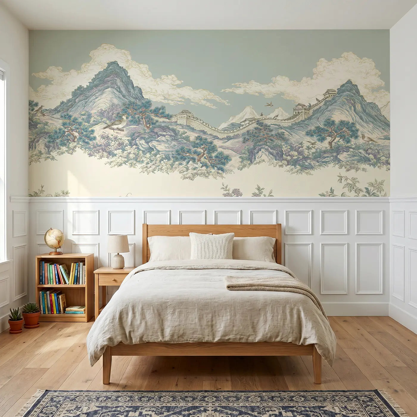 Botanical Elegance Great Wall stipple wainscoting wallpaper for bedroom by Whimsy Tots.