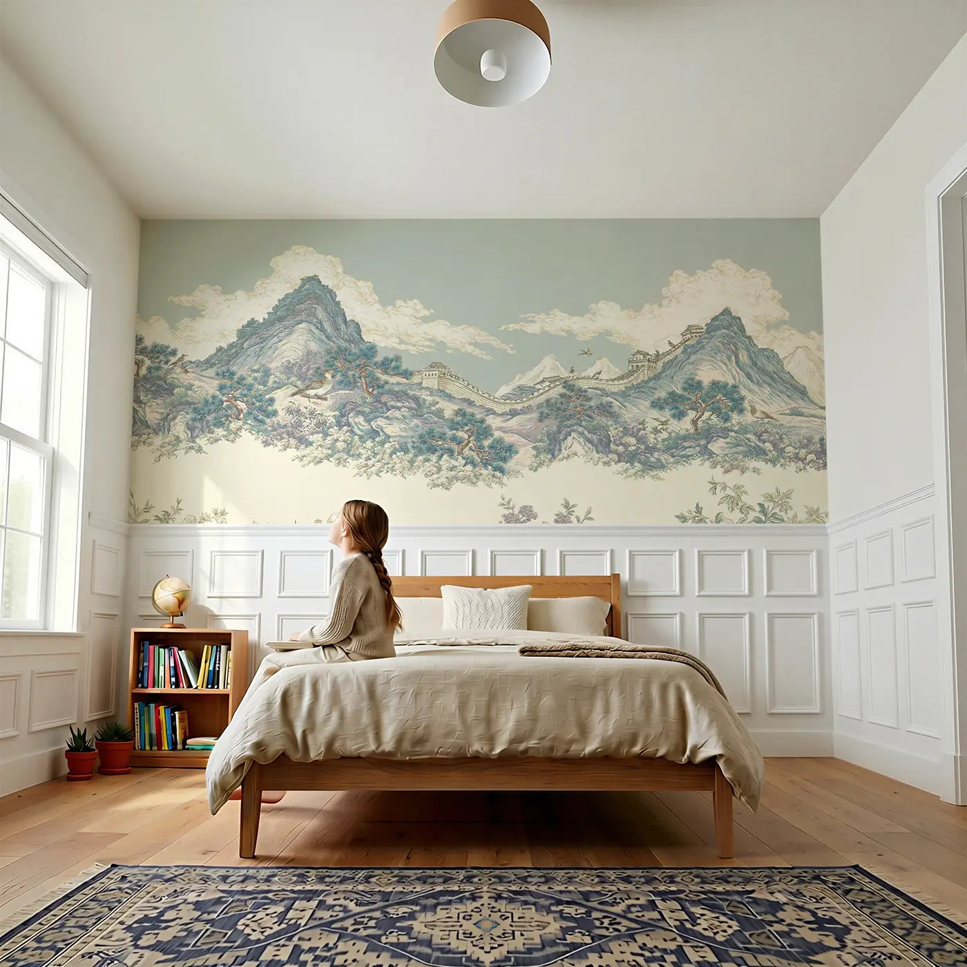 Child reading near Great Wall China Stipple Wainscoting Wallpaper by Whimsy Tots