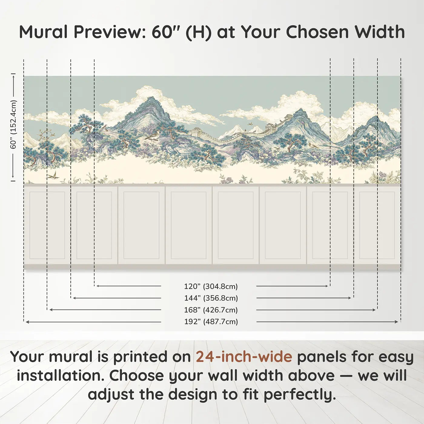 Panel dimensions for Great Wall China Stipple Wainscoting Wallpaper by Whimsy Tots